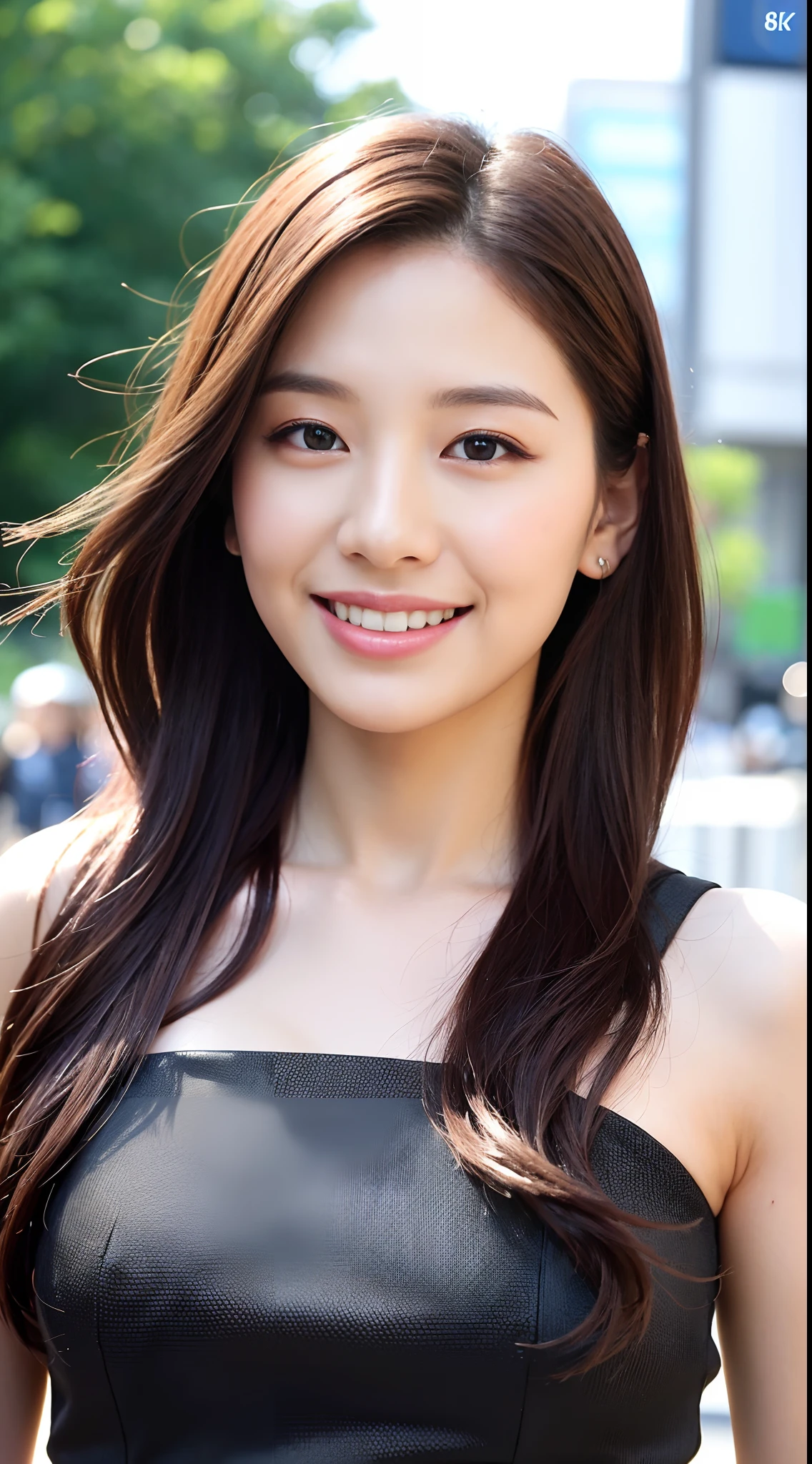 ((Best quality, 8k, Masterpiece :1.3)), 1girl, smiling, full body, slim face, Pretty woman, (Dark brown hair), full length dress :1.1, Ultra-detailed face, Detailed eyes, Double eyelid, blur background, slim face, city, outside, street,