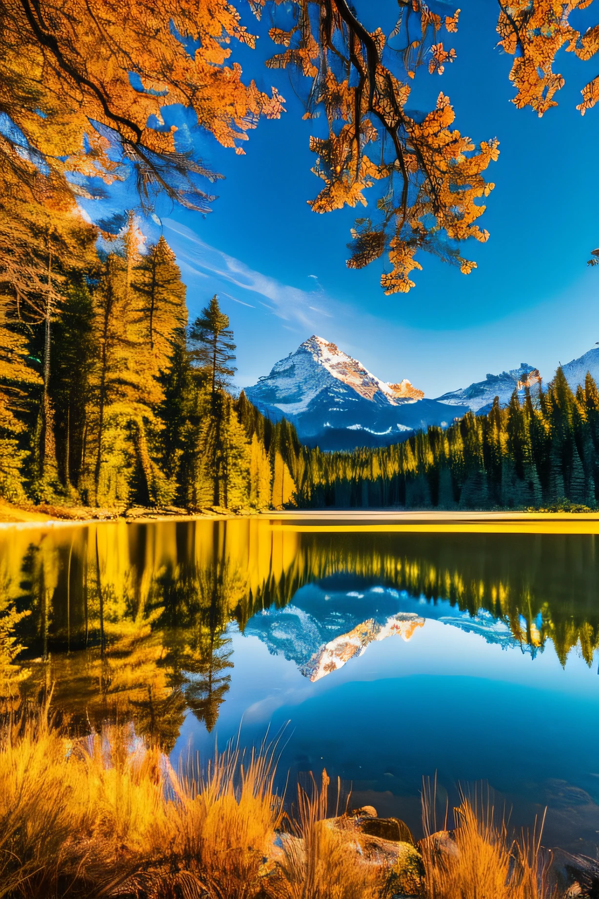 Produce an ultra-realistic 4K landscape image that transports the viewer to a captivating, untouched wilderness. The scene should depict a pristine forest by a crystal-clear mountain lake, with a snow-capped peak towering majestically in the background. The image should capture the sheer beauty of nature, with every leaf, every ripple on the water, and every grain of sand rendered in astonishing detail. Ensure the lighting is soft and diffused, casting warm, golden hues during the early hours of the morning. The image should convey a sense of tranquility and awe, as if one is standing in this pristine wilderness, breathing in the crisp, clean air. The composition should be perfectly balanced, and the atmosphere should be filled with serenity and wonder