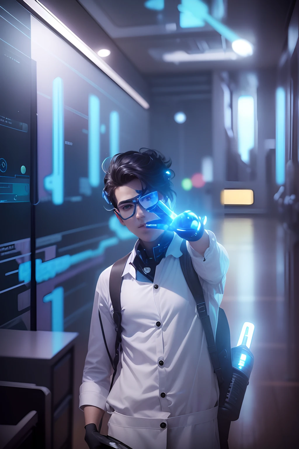 A cyborg teacher with a mechanical arm and a bionic eye, wearing a white lab coat and holding a holographic tablet, standing in front of an interactive digital whiteboard, where he shows complex graphics and formulas, while teaching a class of students with augmented reality headsets and smart bracelets, in a modern, lighted classroom,  with windows that display a futuristic cityscape with skyscrapers and flying vehicles.
