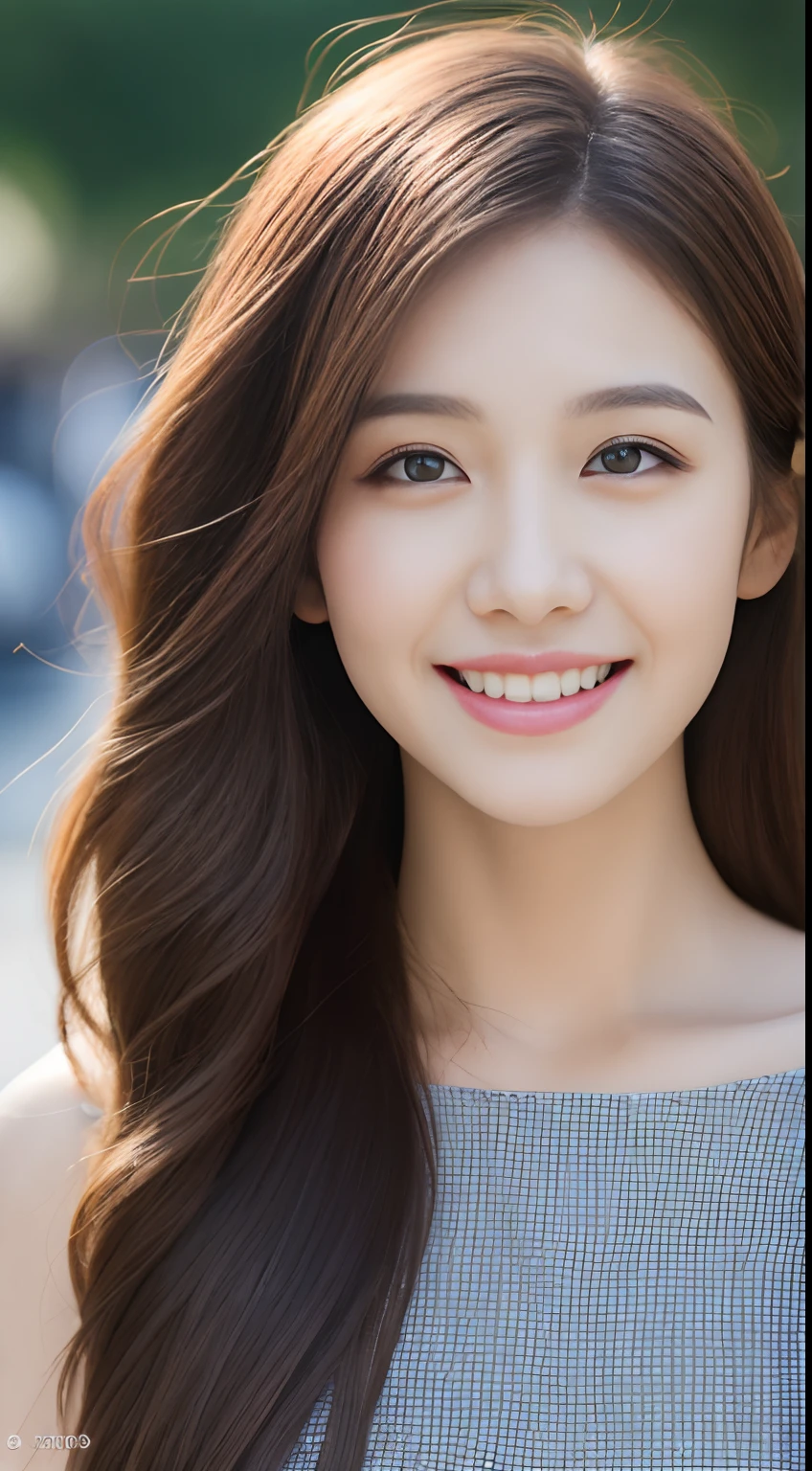 (masutepiece, Best Quality, Photorealistic, Ultra-detailed, Finely detailed, High resolution, 8K Wallpaper), Close up portrait of one beautiful woman, Cha Riyada, Smiling, light brown messy hair, Perfect dynamic composition, Beautiful detailed eyes, Like the cover of a fashion magazine, at campus