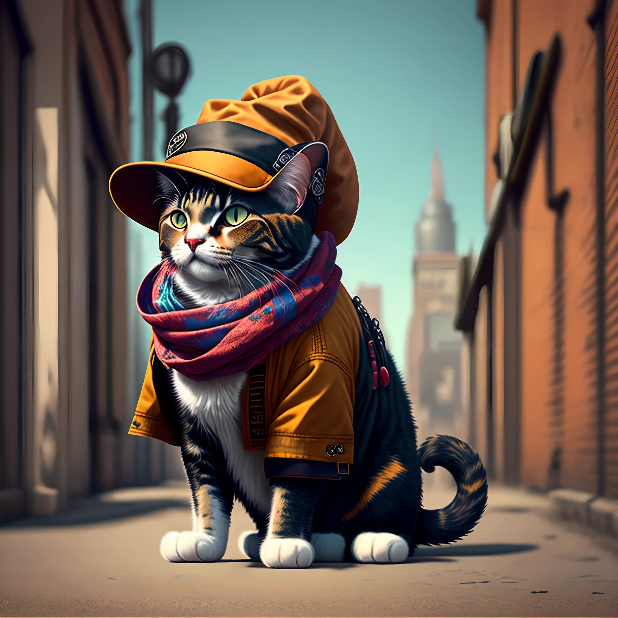 picture of a cat in a hat and scarf, art station trend, dressed in punk clothes, hyper realistic detailed rendering, british gang member, urban style, intimidating pose, planet of cats, fashion clothes, urban samurai, meow, west slavic traits, 8 1 5