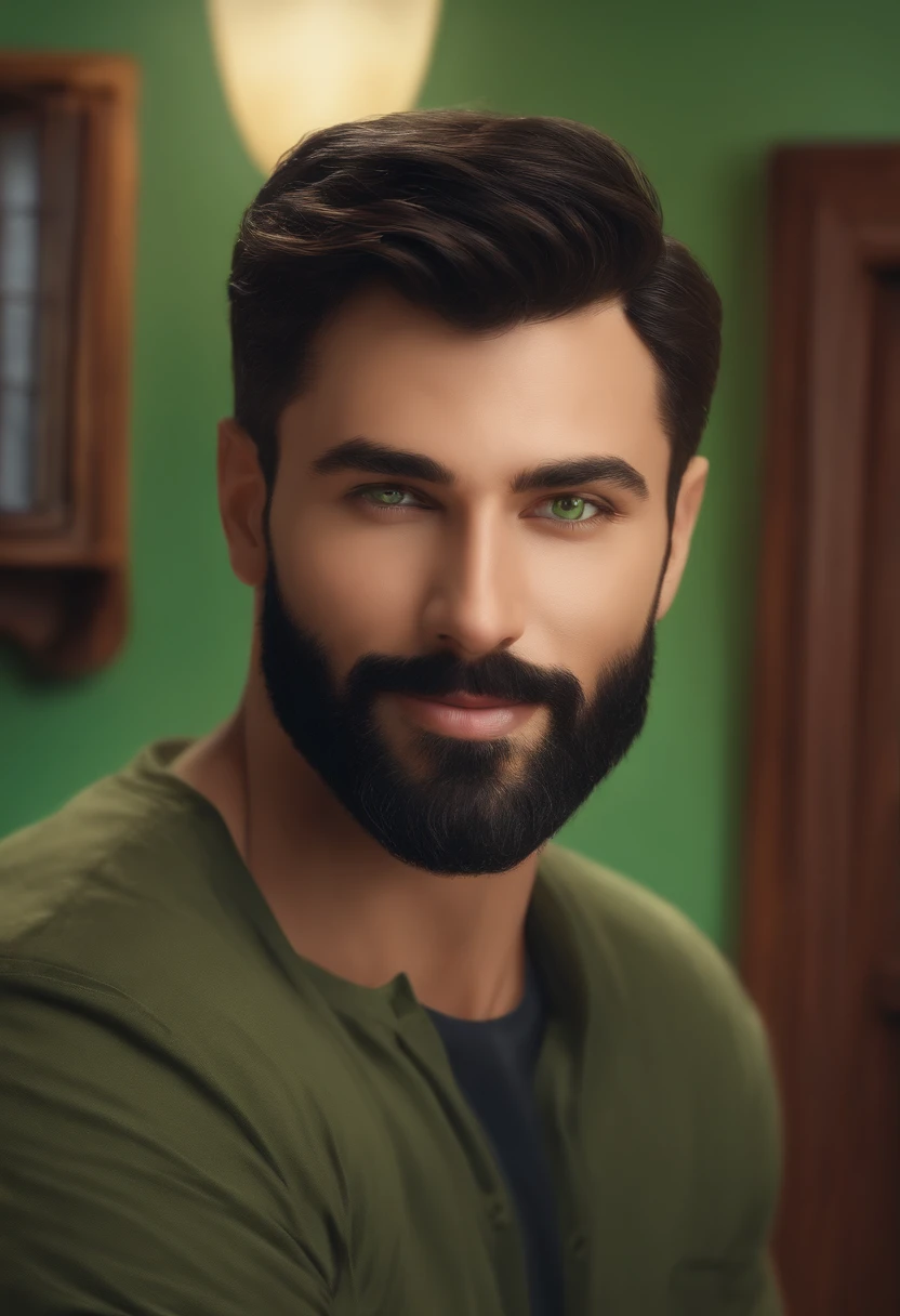 Realistic movie star . Male, Short hair, unshaved, Smart look. black hair . green eyes with beard and smiley face at his home