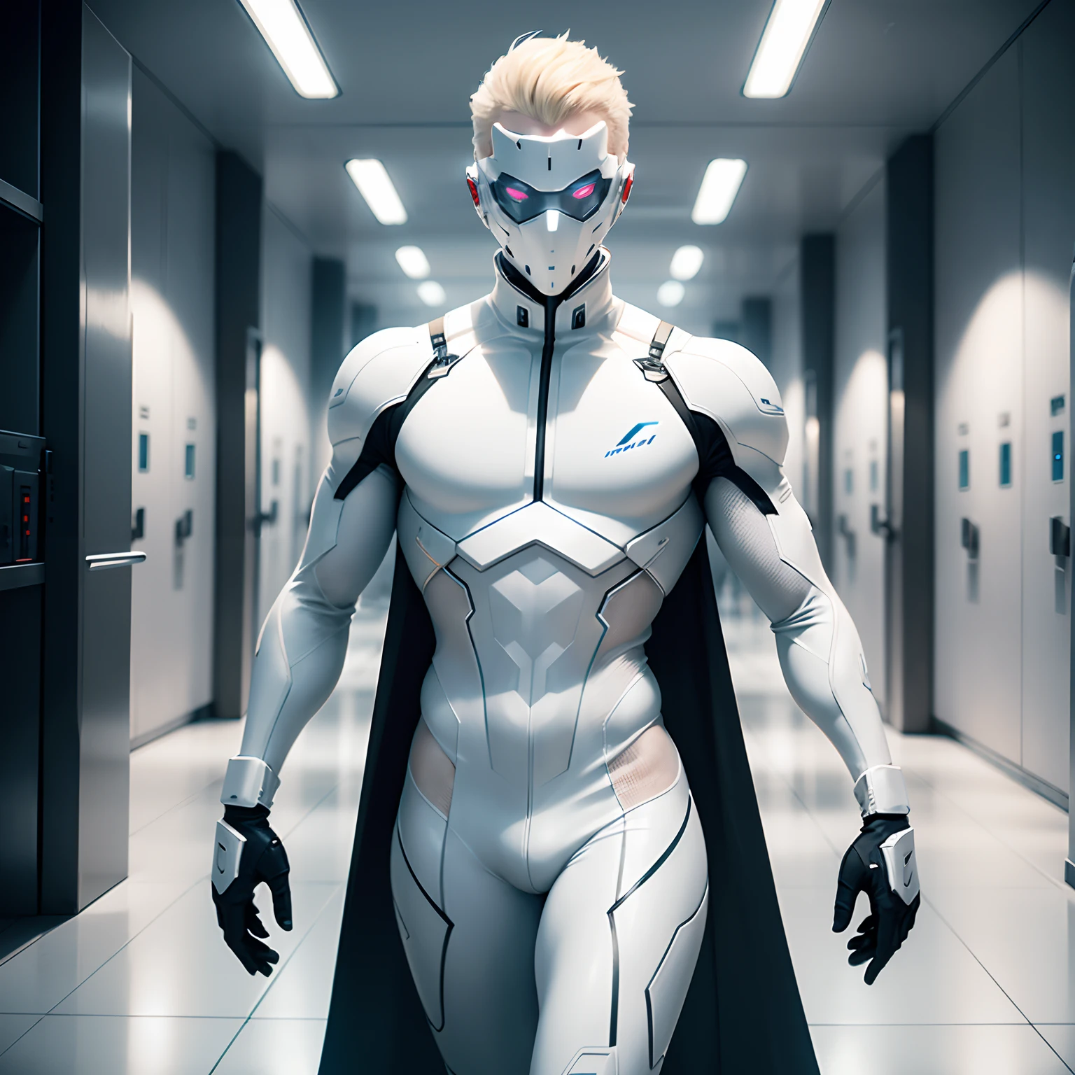 (futuristic, sci fi)Male in all white body suit, blonde hair, white gaunlets, full body suit, hands visible, hair visible, pale skin, beautiful face, masterpiece, white futuristic mask covering mouth, eyes visible, evil intent, tools in hand, prisoners in background, tool visible