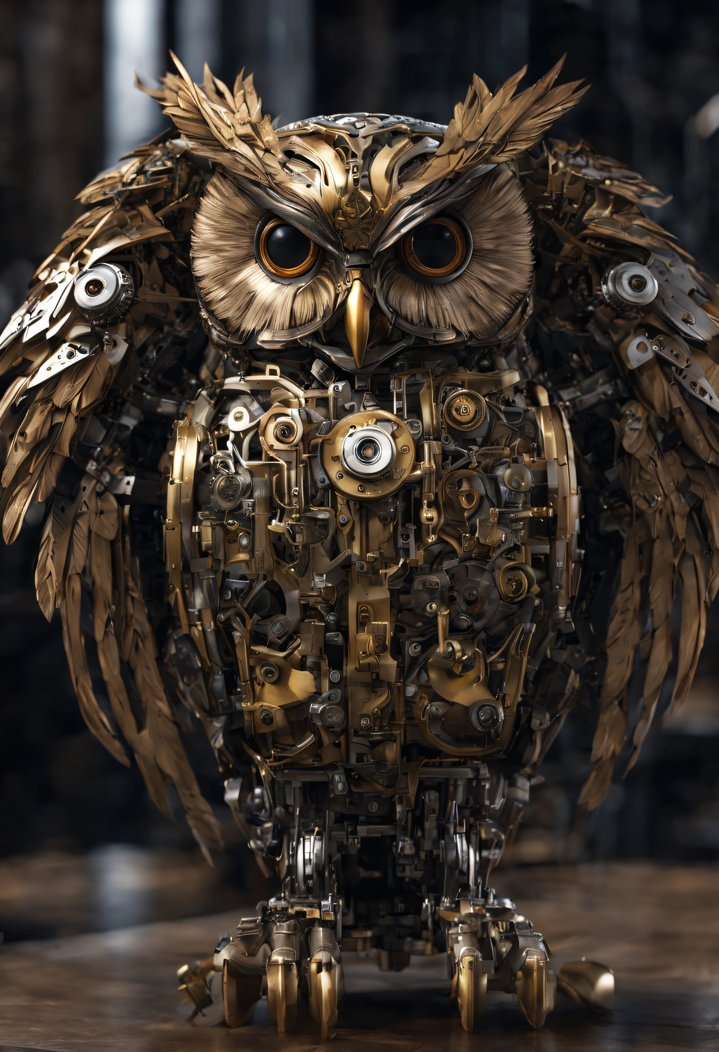 ((mechanical owl)), doing shrug pose, wide shot, machinery, Super detailed, 24k, Unreal Engine 5, Intricate details, ultra realistic owl, ((long tail)), ((tail feathers composed of machine parts)), detailed eyes