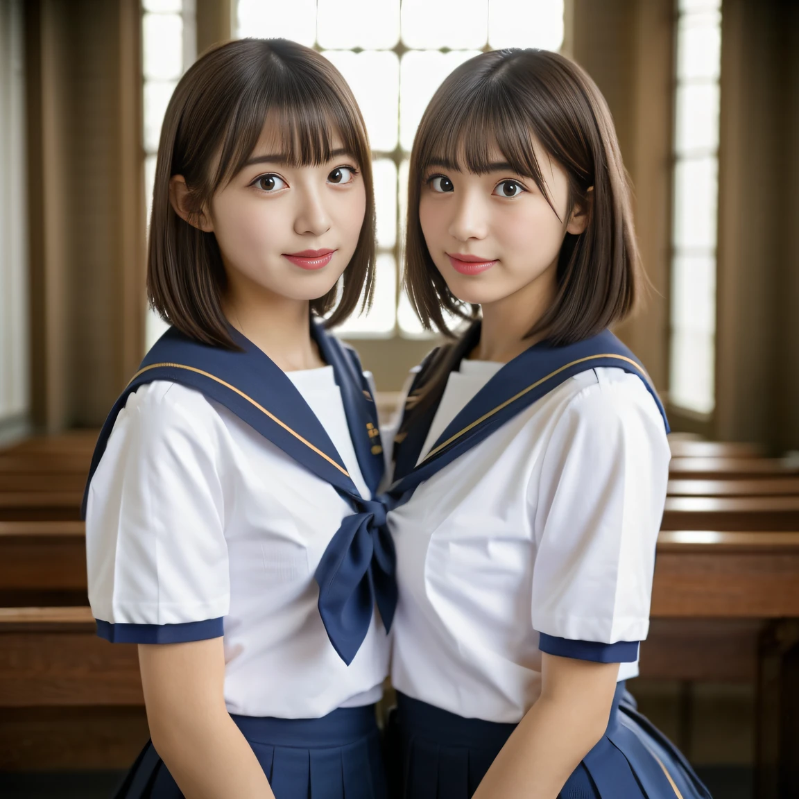 ((Two schoolgirls:1.5))、Beautiful 18 year old Japan woman, ((High school girl in white sailor suit with short sleeves: 1.5)), (Japan strict girls' school sailor uniform:1.5), ( Two schoolgirls sitting in a church pews: 1.2), ((Beautiful and elaborate stained glass on the background: 1.5)), ((1screen)), in 8K, RAW shot, top quality photo, masutepiece, Amazing realism photos, ((Anatomically correct proportions: 1.5)), ((Perfect proportions)), Cute woman like an idol in Japan, Detailed face, Detailed eyes, Narrow Nose, Detailed hands and fingers , detailed arms, Detailed skin, Detailed legs, short torso, Slender body, (shiny long hair: 1.5), ((Big breasts that seem to break through the uniform: 1.5)), Sailor suit that fits her body、(High school girls staring at each other:1.5)、(Schoolgirl with long and short hair:1.5)、((Kiss))