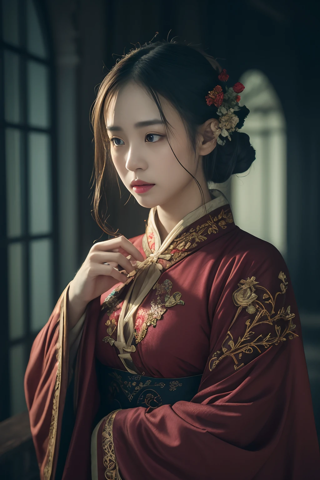 Official Art, Unity 8k wallpaper, super detailed, beautiful, beautiful, masterpiece, best quality,
dark, atmospheric, mystical, romantic, creepy, literature, art, fashion, ming and qing dynasties, decoration, intricate, ironwork, embroidery, contemplation, emotional depth, supernatural, hanfu
1 girl, solo, neck, bust composition, vietnamese face