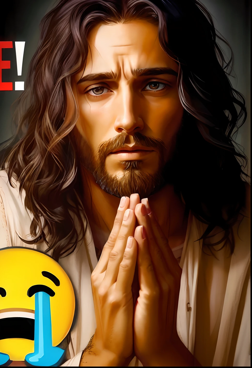 A painting of Jesus praying with hands clasped in prayer, Jesus Gigachad, Jesus Cristo, rosto de Jesus, Jesus, muito real,jesus , very realistic, Christian, Jesus , muito muito realista, Beautiful!!!, ultra realistic!!!, jesus of nazareth, uau!!!!!!, arte digital muito realista, Retrato de Jesus Cristo