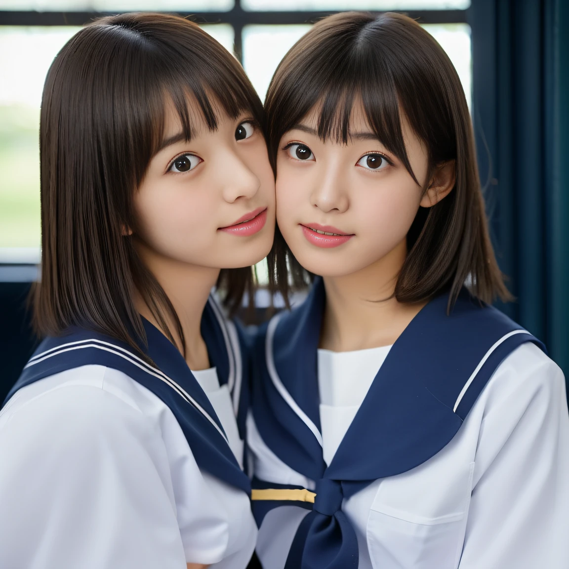 ((Two schoolgirls:1.5))、Beautiful 18 year old Japan woman, ((High school girl in white sailor suit with short sleeves: 1.5)), (Japan strict girls' school sailor uniform:1.5), ( Two schoolgirls sitting in a church pews: 1.2), ((Beautiful and elaborate stained glass on the background: 1.5)), ((1screen)), in 8K, RAW shot, top quality photo, masutepiece, Amazing realism photos, ((Anatomically correct proportions: 1.5)), ((Perfect proportions)), Cute woman like an idol in Japan, Detailed face, Detailed eyes, Narrow Nose, Detailed hands and fingers , detailed arms, Detailed skin, Detailed legs, short torso, Slender body, (shiny long hair: 1.5), ((Big breasts that seem to break through the uniform: 1.5)), (Sailor suit that fits her body:1.5)、(High school girls staring at each other:1.5)、(Schoolgirl with long and short hair:1.5)、((Hugging and kissing:1.2))