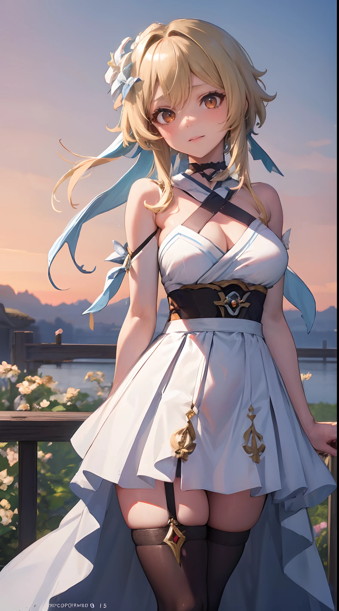 Lumine | genshin impact, master-piece, bestquality, 1girls,25 years old, proportional body, proportional., Hanbok ,bara, Don't show your., choker, arm behind back, Outdoor Stand, Challenge in the middle of a beautiful flower garden, shiny sky, View viewers from the front., Thigh strap, Head tilt, bored, 10, 10, HD, slight smile,