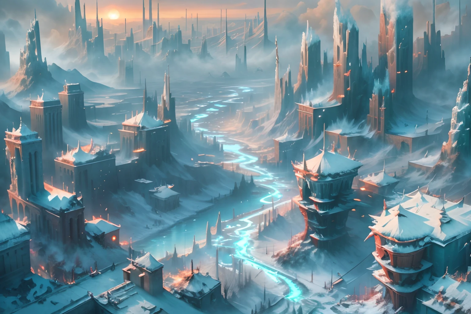 (The whole city:1.5)，（Overlooking the perspective:1.5),wide wide shot，ssee-through，depth of fields，The end of the world，absolute zero，Transparent ethereal ice sculpture city,Ruins frozen by snow，Transparent ethereal ice sculpture modern city，ice city in 2 0 8 0，The city of Frost，Ice Street，ice planet, Frost Punk,Ice Age，A blizzard in the sky，Doomsday landscape，,Scattered debris，Collapsed building，rubble，(The end of the world:1.5)，hyper HD，Chiaroscuro，Hollywood science fiction movie scene，epic realistic, Ultra photo realsisim, ultra - detailed, Masterpiece，Screen space refraction, (Intricate details), (Intricate details, ultra - detailed:1.2), art  stations, the complex background,Atmospheric lighting，Extremely detailed beauty,ridiculous, unbelievable Ridiculous, hugefilesize, unified, 8K picture wallpaper, magnifica, ridiculous,Arte conceitual de inverno, inspired by Andreas Rocha, andreas rocha style, detailed fantasy digital art,