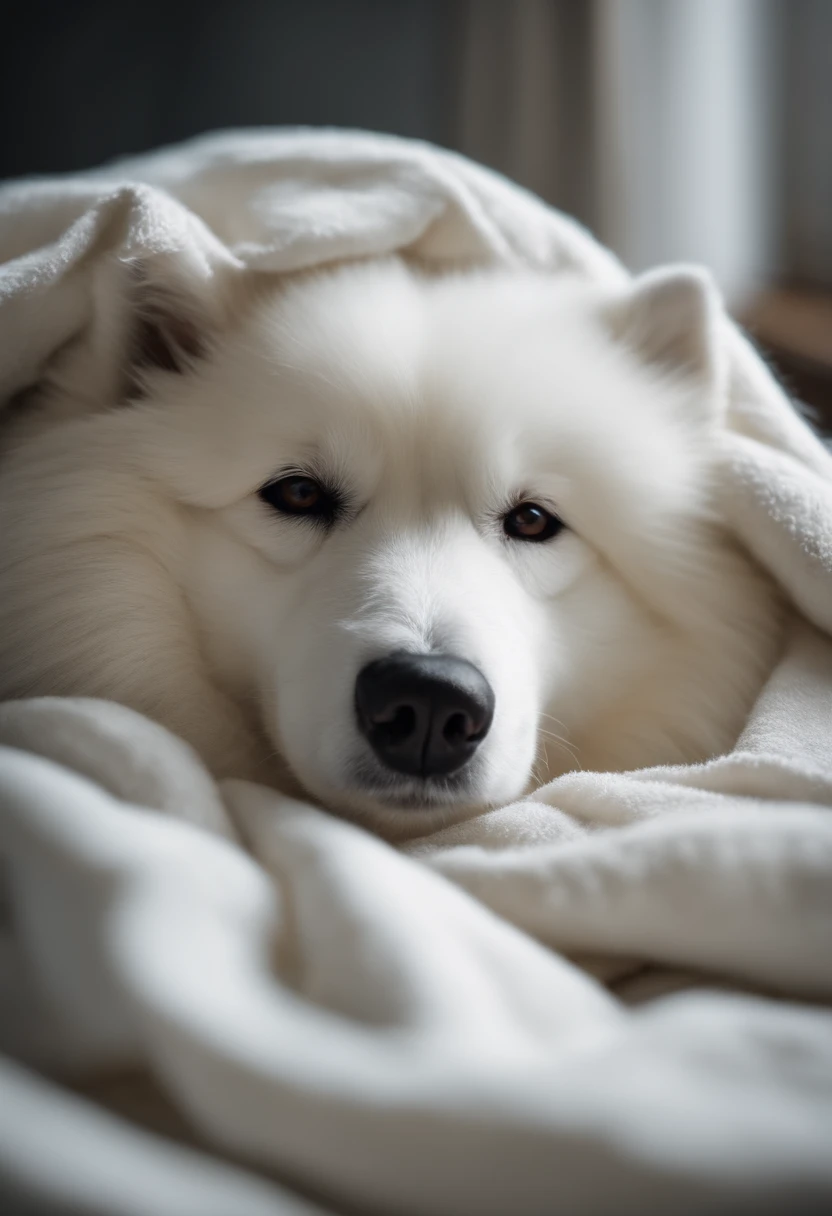 Portrait of a Samoyed curled in a towel after bathing