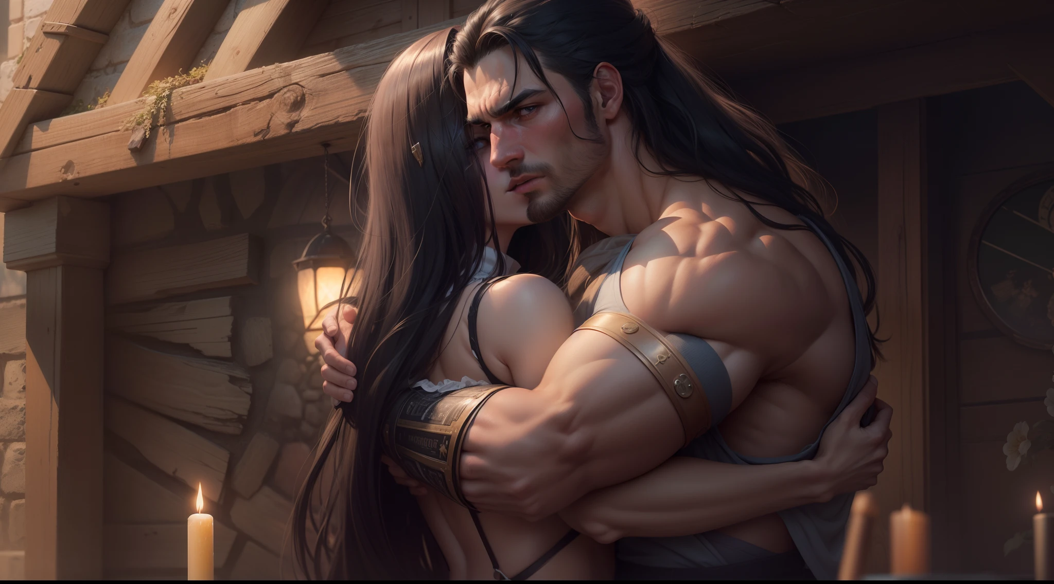 Uma mulher linda adulta com 30 anos, Brunette with very long black hair and a handsome and very strong muscular man hugging each other in an old house, medieval, forte, imagem de corpo inteiro, corpo atletico, Realistic, imagem de alta qualidade, 4k, Ultra HD | | | |, ((master part))), (((melhor qualidade))), ((ultra-detalhado)),(Highly detailed CG illustration), Cinematic light, Camera: Choose an angle that highlights the beauty of the character. resolution: Aim for a high-resolution artwork to showcase intricate details and clarity.