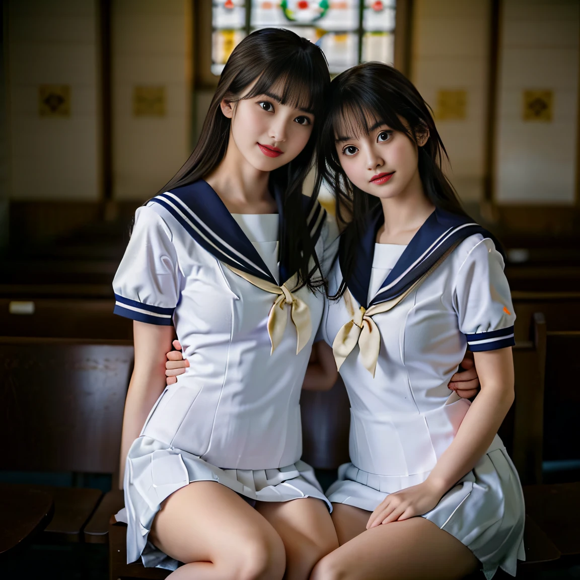 ((Two schoolgirls:1.5))、Beautiful 18 year old Japan woman, ((High school girl in white sailor suit with short sleeves: 1.5)), (Japan strict girls' school sailor uniform:1.5), ( Two schoolgirls sitting in a church pews: 1.2), ((Beautiful and elaborate stained glass on the background: 1.5)), ((1screen)), in 8K, RAW shot, top quality photo, masutepiece, Amazing realism photos, ((Anatomically correct proportions: 1.5)), ((Perfect proportions)), Cute woman like an idol in Japan, Detailed face, Detailed eyes, Narrow Nose, Detailed hands and fingers , detailed arms, Detailed skin, Detailed legs, short torso, Slender body, (shiny long hair: 1.5), ((Big breasts that seem to break through the uniform: 1.5)), (Sailor suit that fits her body:1.5)、(High school girls staring at each other:1.5)、(Schoolgirl with long and short hair:1.5)、((Hugging and kissing:1.2))