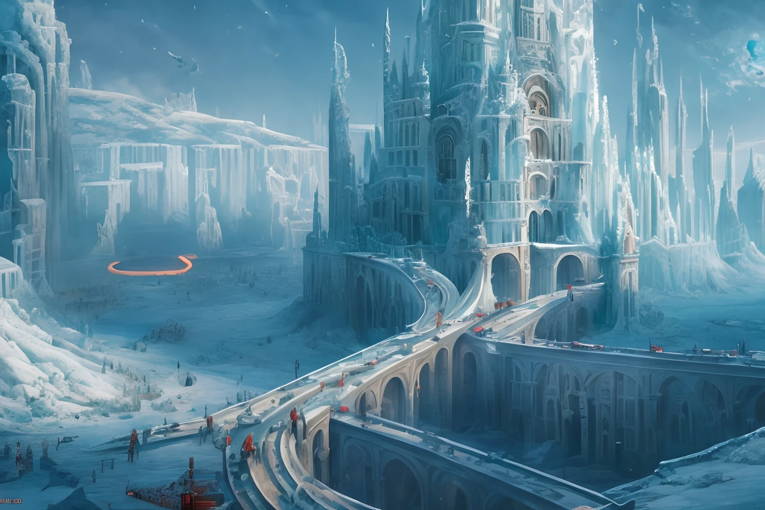 (The whole city:1.5)，（Overlooking the perspective:1.5),wide wide shot，ssee-through，depth of fields，The end of the world，Transparent ethereal ice sculpture city,Ruins frozen by snow，Transparent ethereal ice sculpture modern city，ice city in 2 0 8 0，The City of Frost，Ice Street，ice planet, Frost Punk,Ice Age，Blizzards in the sky，Doomsday landscape，,Scattered debris，Collapsed building，rubble，(The end of the world:1.5)，hyper HD，Chiaroscuro，Hollywood science fiction movie scene，epic realistic, Ultra photo realsisim, ultra - detailed, Masterpiece，Screen space refraction, (Intricate details), (Intricate details, ultra - detailed:1.2), art  stations, the complex background,Atmospheric lighting，Extremely detailed beauty,ridiculous, unbelievable Ridiculous, hugefilesize, unified, 8K picture wallpaper, magnifica, ridiculous,Arte conceitual de inverno, inspired by Andreas Rocha, andreas rocha style, detailed fantasy digital art,