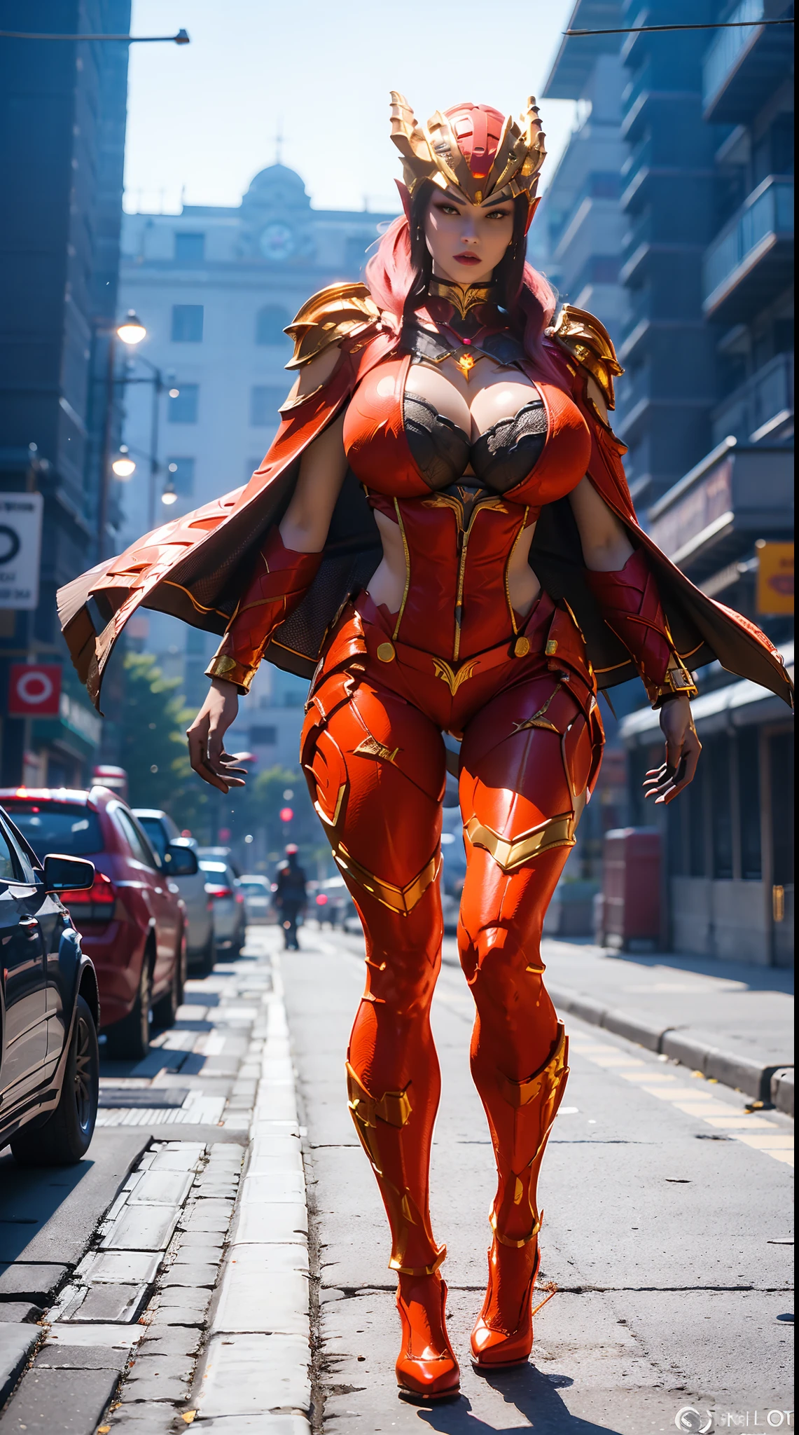 1GIRL, SOLO, (DRAGON QUEEN HELMET, PONYTAIL), (HUGE FAKE BOOBS:1.3), (RED, GOLD), (STREET CITY BACKGROUND), (FUTURISTIC ICE PHOENIX MECHA BODYSUIT, ROYAL CAPE, CLEAVAGE:1.2), (SKINTIGHT YOGA HOTPANTS, HIGH HEELS:1.2), (PERFECT BODY, FULL BODY VIEW:1.5), (LOOKING AT VIEWER), (WALKING DOWN:1.2), MUSCLE ABS:1.3, ULTRA HIGHT DEFINITION, 8K, 1080P.
