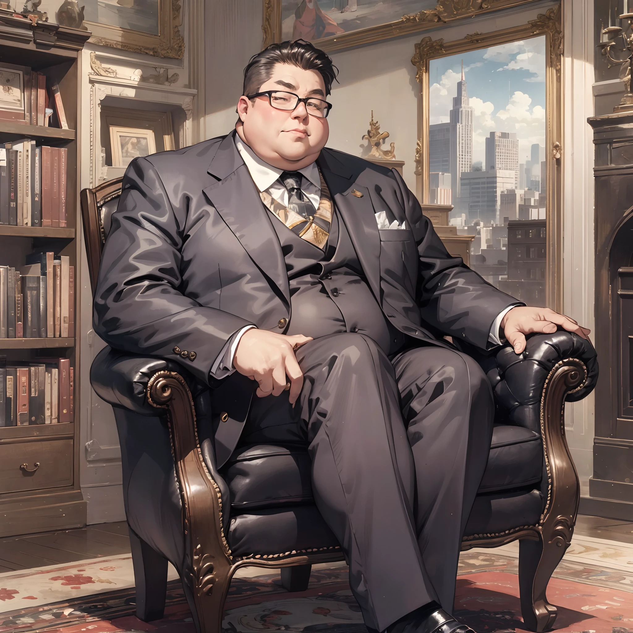 a rich arrogant fat man in suit sitting on a luxurious armchair in a modern offic. —ar 9:16 --auto --s2