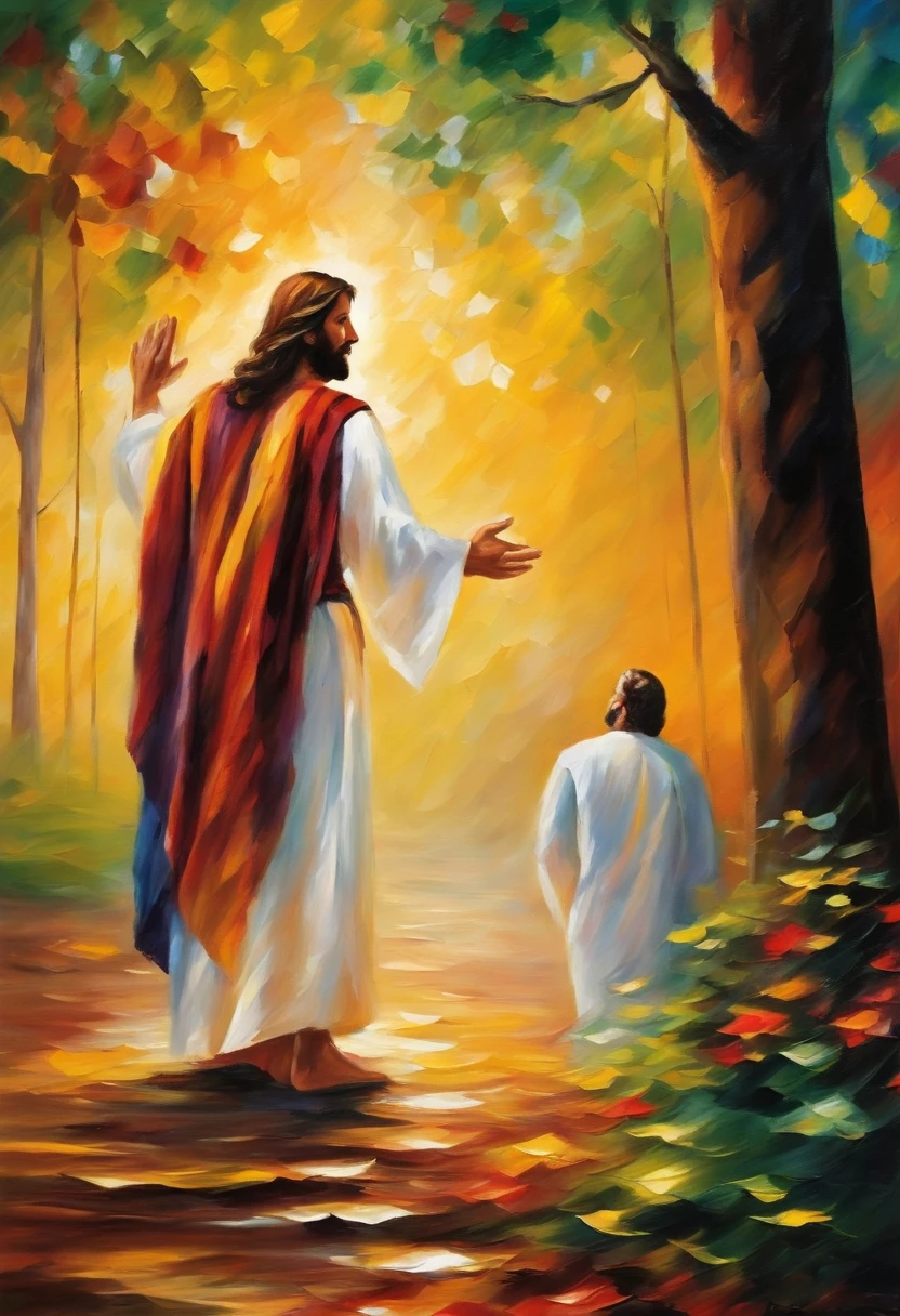 Jesus standing nex to two men, acrylic, Dramatic lighting, by Leonid Afremov, Impressionism, Made of acrylic, Dramatic scene --hd