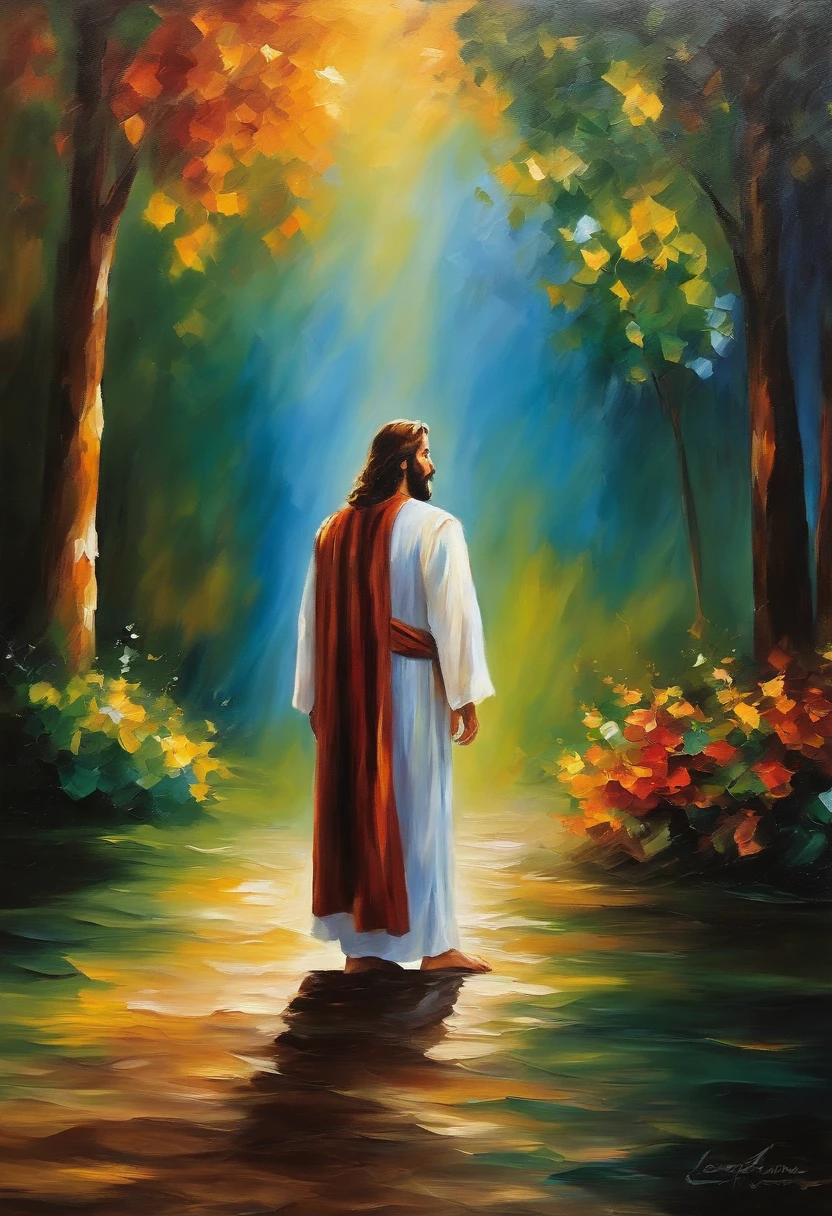 Jesus standing nex to two men, acrylic, Dramatic lighting, by Leonid Afremov, Impressionism, Made of acrylic, Dramatic scene --hd