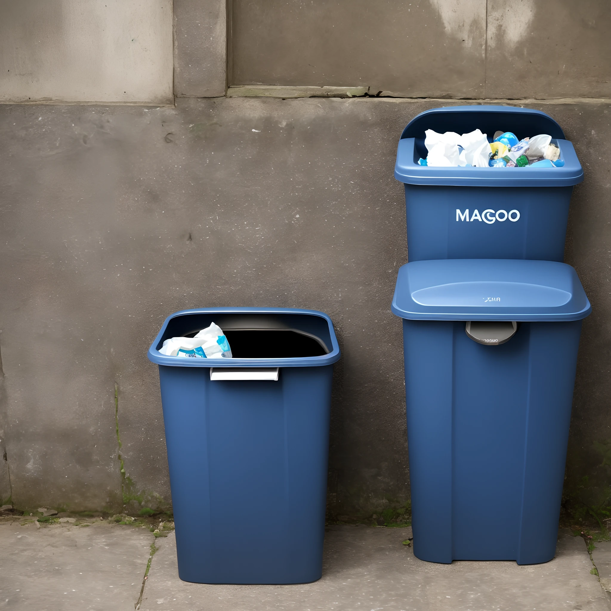 There's a trash can, cor azul, um notebook velho, jogado dentro da lixeira, fundo branco