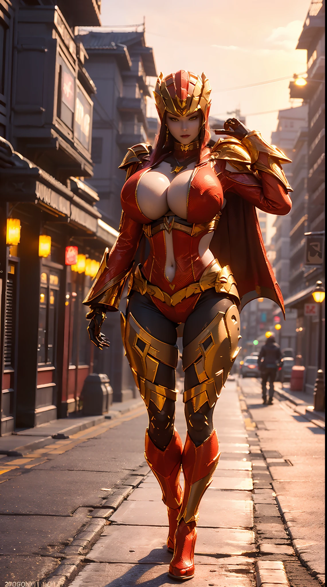 1GIRL, SOLO, (DRAGON QUEEN HELMET, PONYTAIL), (HUGE FAKE BOOBS:1.3), (RED, GOLD), (STREET CITY BACKGROUND), (FUTURISTIC ICE PHOENIX MECHA BODYSUIT, ROYAL CAPE, CLEAVAGE:1.2), (SKINTIGHT YOGA HOTPANTS, HIGH HEELS:1.2), (PERFECT BODY, FULL BODY VIEW:1.5), (LOOKING AT VIEWER), (WALKING DOWN:1.2), MUSCLE ABS:1.3, ULTRA HIGHT DEFINITION, 8K, 1080P.