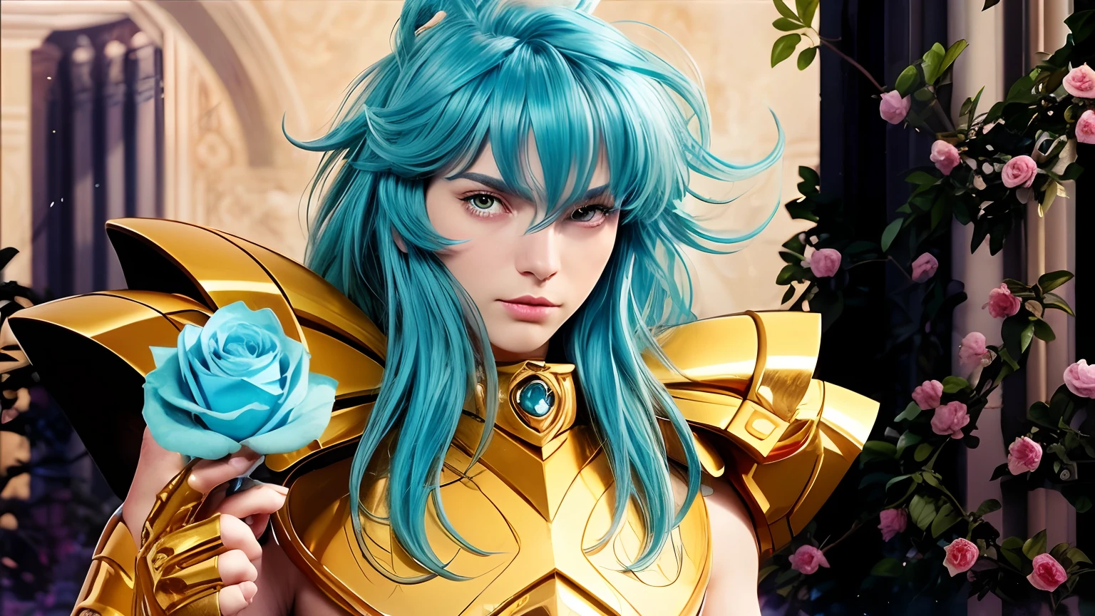 Cinematic stunningly detailed and ultra-realistic od Afrodite os pisces of Saint Seiya. Full body. He is wearing pretty realistic golden armor with a blue clock. Bright golden armor. Detailed gold armor. Octane is the perfect tool to capture the softest details of this 16k photography masterpiece. He is a handsome caucasian man about 35 years old. 1boy. Beautiful face. Delicate face. Swedish man. Detailed face. Beautiful nose. (Pretty big closed eyes). Perfect eyes. Shaved. He has long light blue hair. Crossed arms. Crossed legs. Stand up. Messy hair. ((Shaved)). He is carrying a red rose between de lips Well done hands. He is the most beautiful golden saint of Saint Seiya.