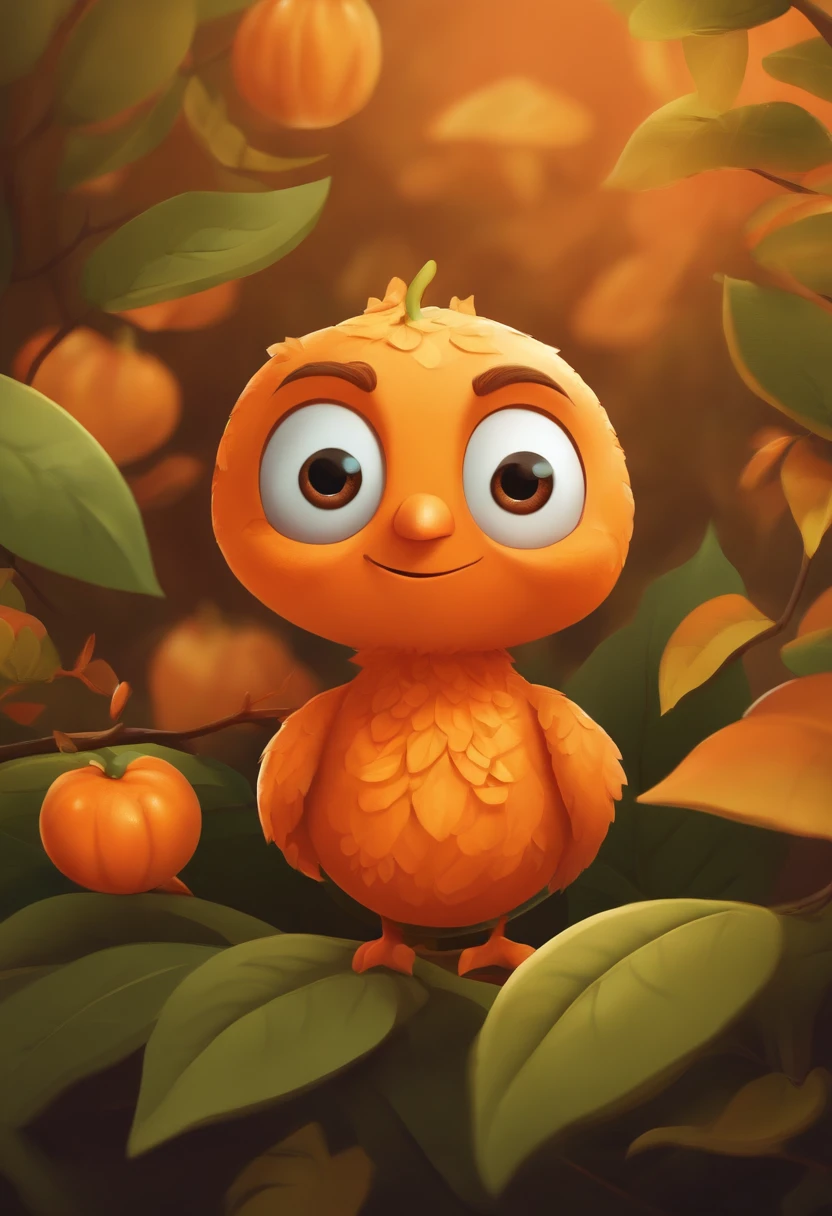 Anthropomorphize a lively and cute orange cartoon image with leaves