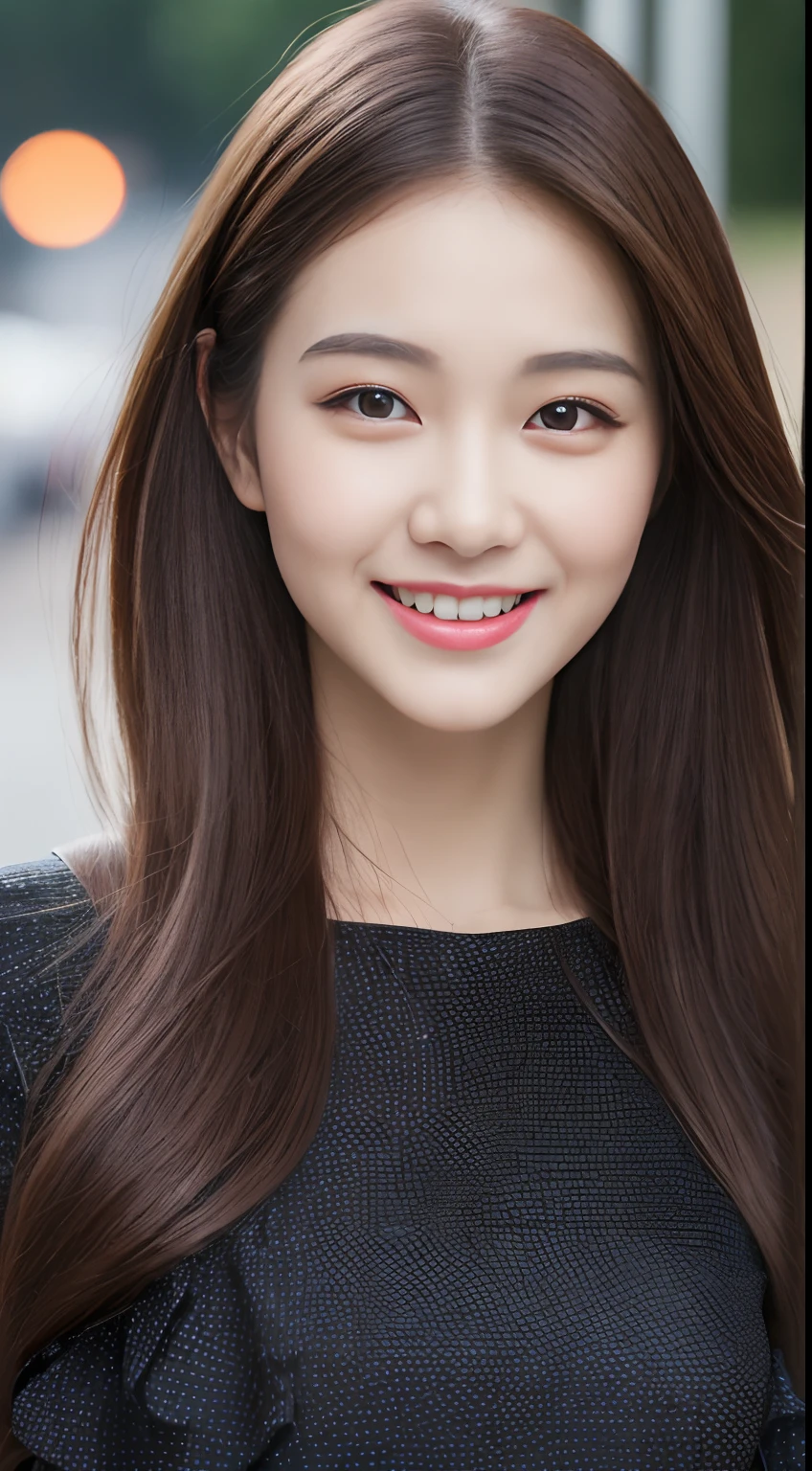 ((Best quality, 8k, Masterpiece :1.3)), 1girl, smiling, full body, slim face, Pretty woman, (Dark brown hair), full length dress :1.1, Ultra-detailed face, Detailed eyes, Double eyelid, blur background, slim face, city, outside, street,