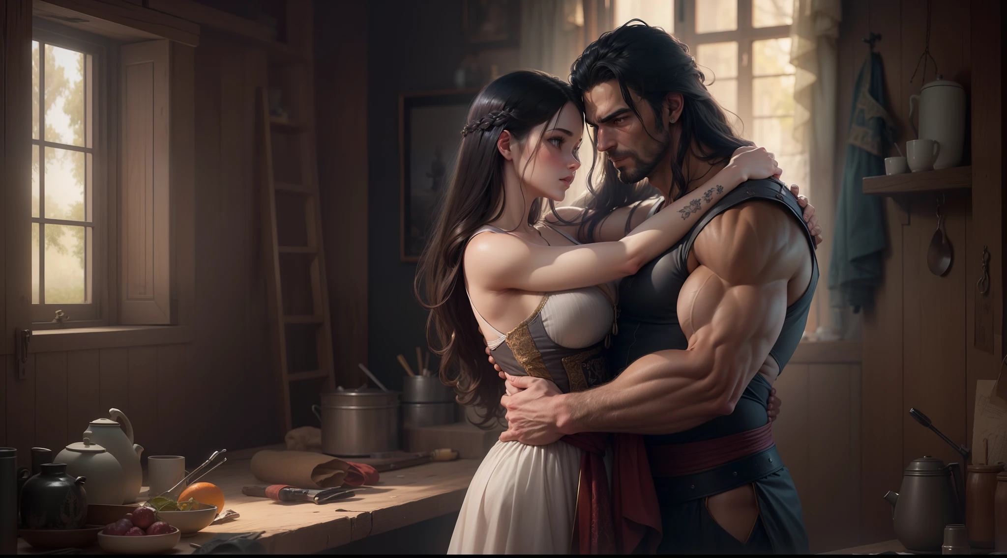 Uma mulher linda adulta com 30 anos, Brunette with very long black hair and a handsome and very strong muscular man hugging each other in an old house, medieval, forte, imagem de corpo inteiro, corpo atletico, Realistic, imagem de alta qualidade, 4k, Ultra HD | | | |, ((master part))), (((melhor qualidade))), ((ultra-detalhado)),(Highly detailed CG illustration), Cinematic light, Camera: Choose an angle that highlights the beauty of the character. resolution: Aim for a high-resolution artwork to showcase intricate details and clarity.