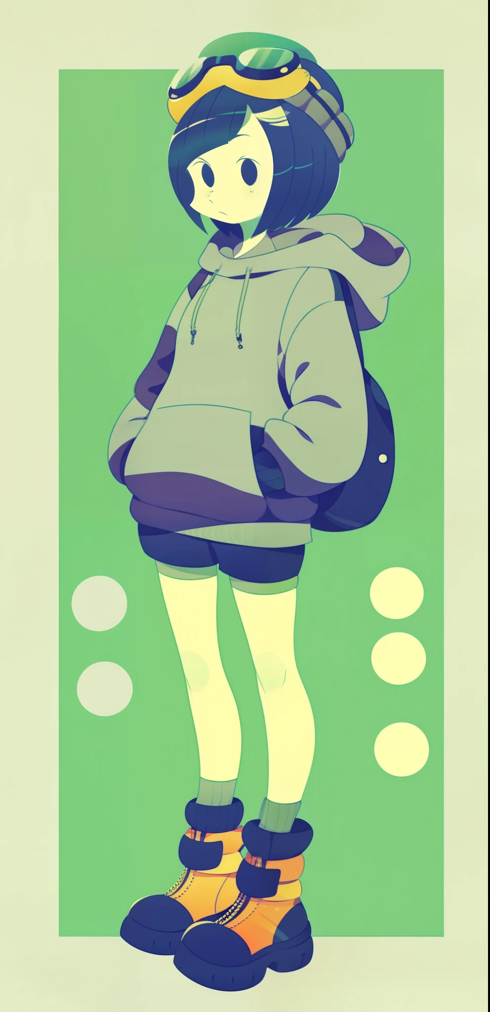 a woman, neutral expression, goggles on head, wearing hoodie, short hair, by yumenouchi