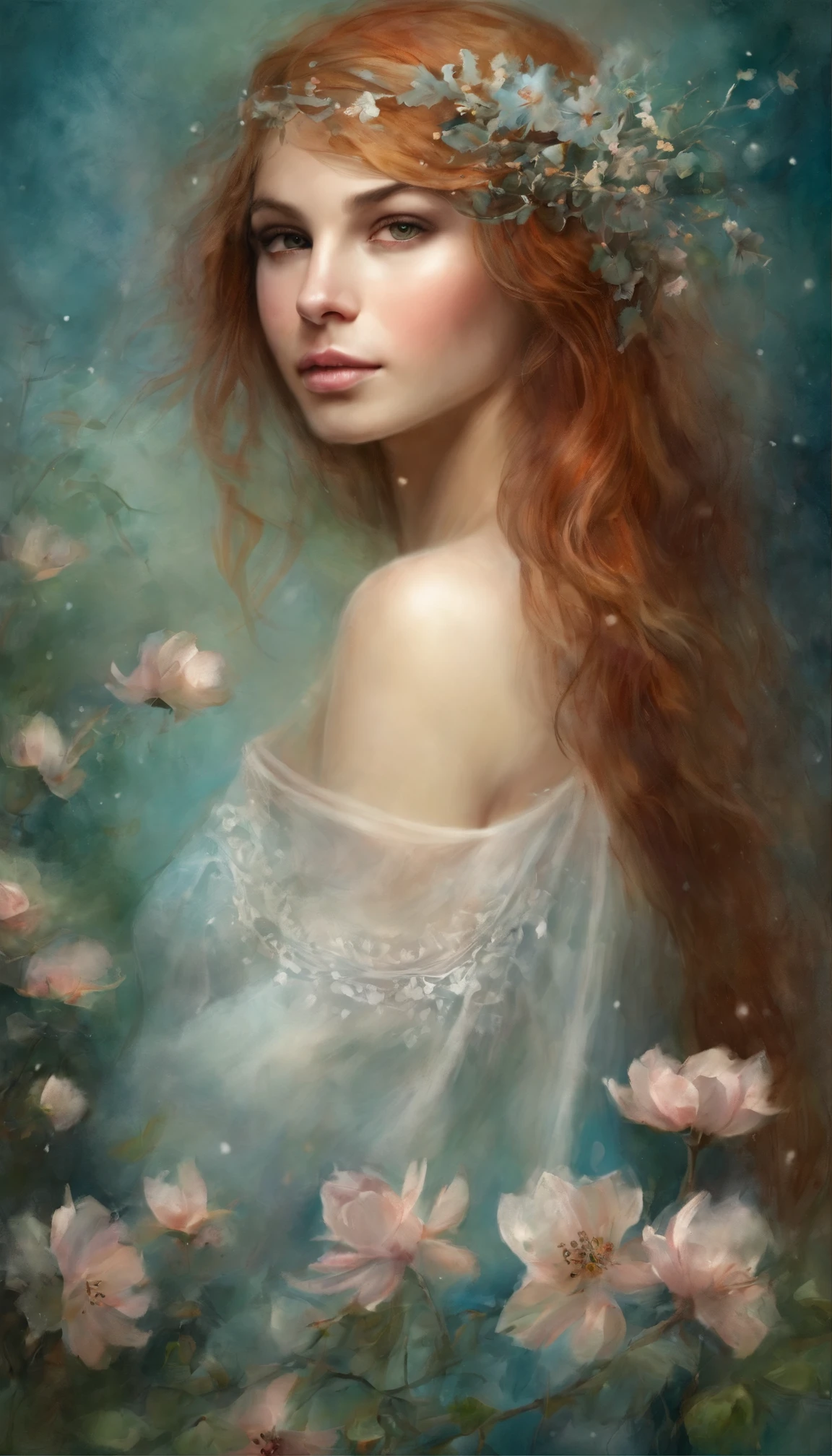 (best qualtiy，tmasterpiece), Beautiful teenage girl, Beautiful goddess, ((The shirt)), Beautiful hair accessories, Pear Flower Forest, Detailed scenes, the night, starrysky, cold light, (cyan colors, white colors), ((from below)), ((full body)), ((realistic)), Red hair, pink eyes, M-shaped bangs