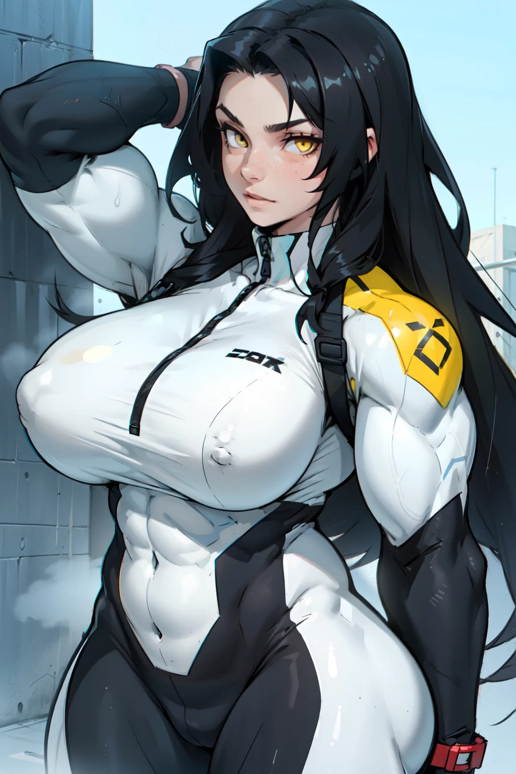 ((((((muscular 1 girl)))))), huge breasts, toned body, black hair, pale skin, yellow eyes, very long hair bodysuit