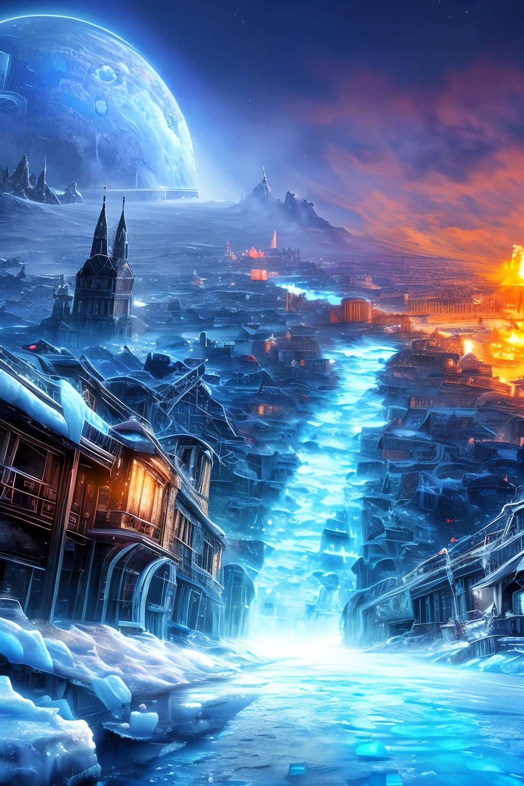 tmasterpiece，Best quality at best，high high quality，the Extremely Detailed CG Unity 8K Wallpapers，(Armageddon:1.4)，(Drown in ice:1.2)，Dilapidated city，Dilapidated streets，ice planet, Frost Punk, ice lord,ice city in 2 0 8 0