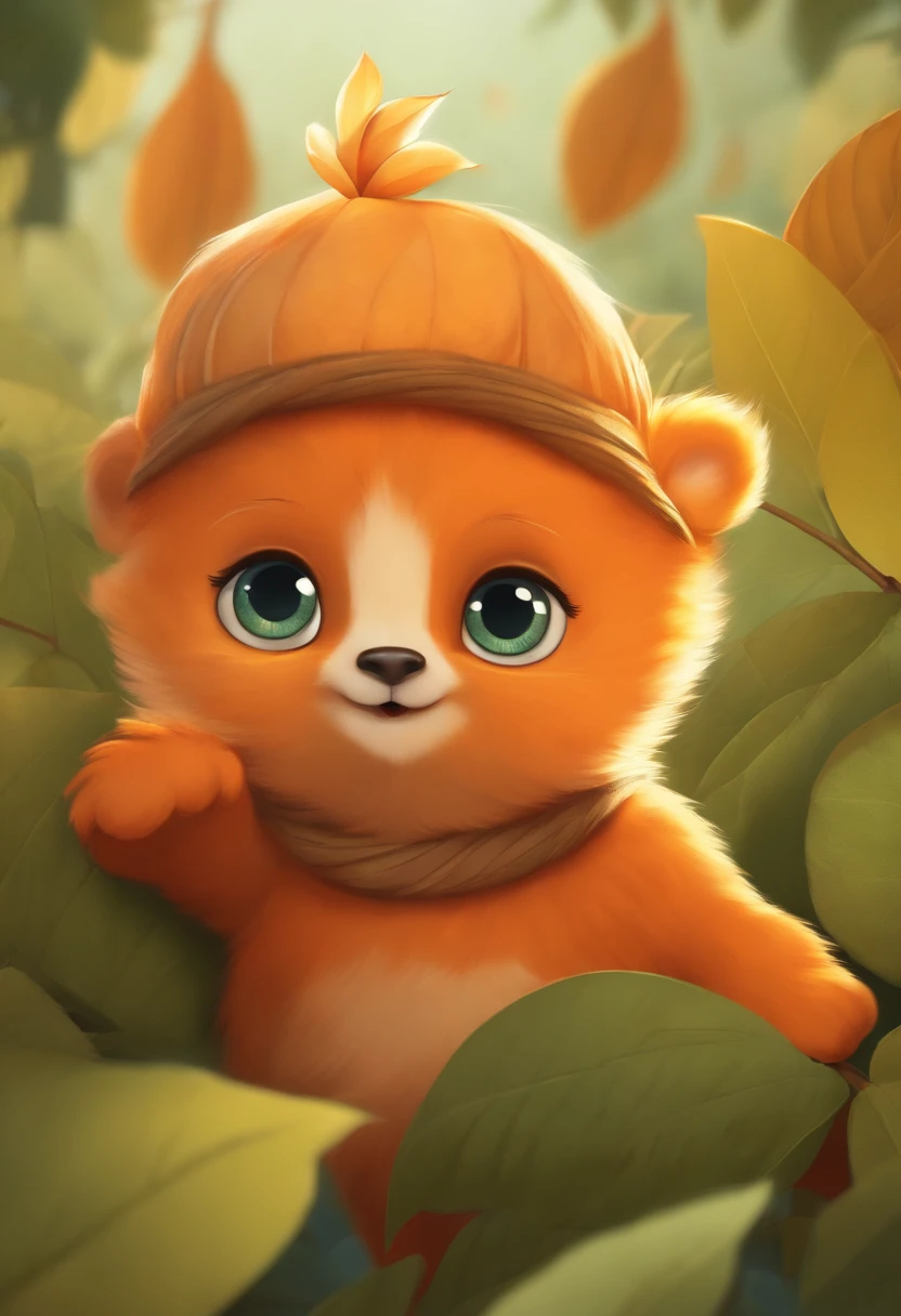 Anthropomorphize a lively and cute orange cartoon image with leaves