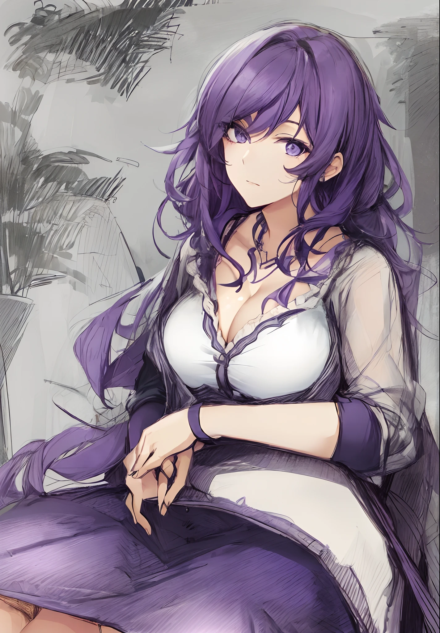 a drawing,A woman sits on a bench,hand on thigh, sketchy artstyle, Casual pose, Rough sketch, thick outline, thinking pose, thoughtful pose,Purple hair,White skin of the,pretty face,One eye is covered by hair,Raised sexy,Expose cleavage