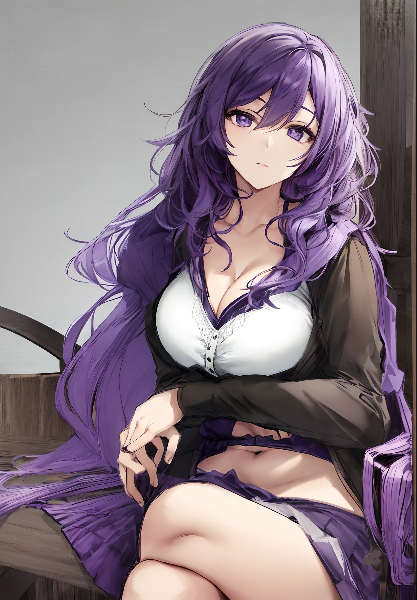 a drawing,A woman sits on a bench,hand on thigh, sketchy artstyle, Casual pose, Rough sketch, thick outline, thinking pose, thoughtful pose,Purple hair,White skin of the,pretty face,One eye is covered by hair,Raised sexy,Expose cleavage