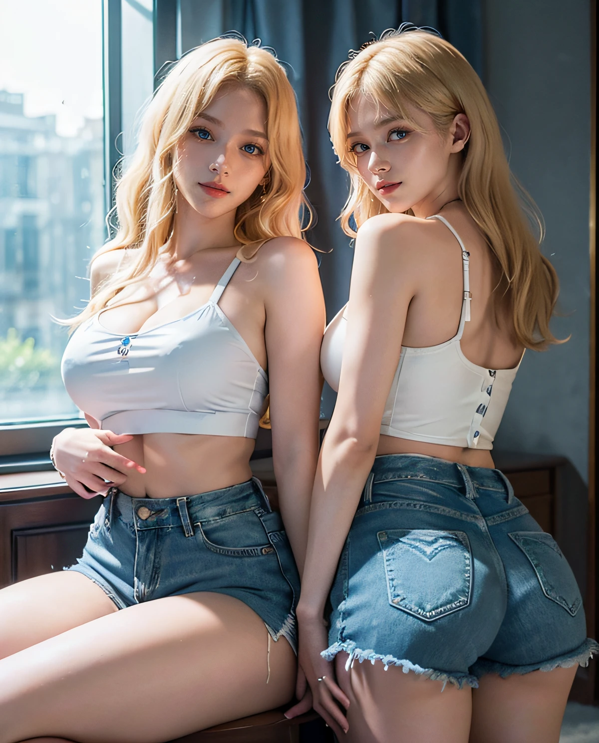 2girl, (Twins), Blue eyes, (smiling), (Sana Minatozaki), wide hips, Big Boobs, big ass, (Best Quality, 8k, Masterpiece: 1.3), perfect hands, Clear Focus: 1.2, Perfect Body Beauty: 1.4 , Slender Abs: 1.2, Highly detailed face and skin texture, detailed eyes, double eyelids, (blonde long hair), (white cleavage tanktop), (denim shorts), bent over showing ass, in a living room, (next to her twin sister :1.4), look back, deep on field