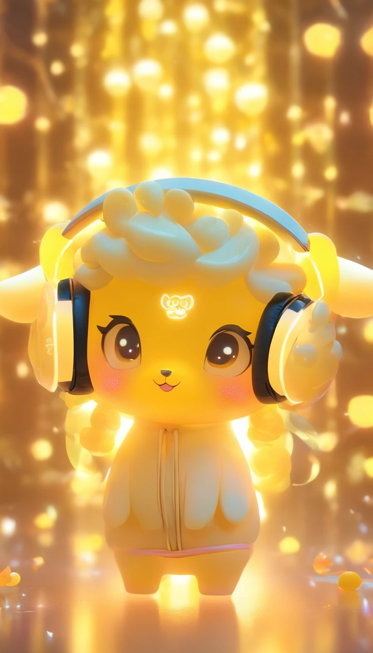 The IP image of the chinese sheep, Wearing headphones,wearing light yellow transparent silicone clothes, is fashionable and trendy,q version,disney style,IP by pop mart, blind box toy, smooth and delicate, 3D rendering, OC rendering, glowing body, soft light, clean background, no borders, 8K, HD, super noise reduction, highest quality, super high quality --ar 9:16 50 --niji 5 --s 2