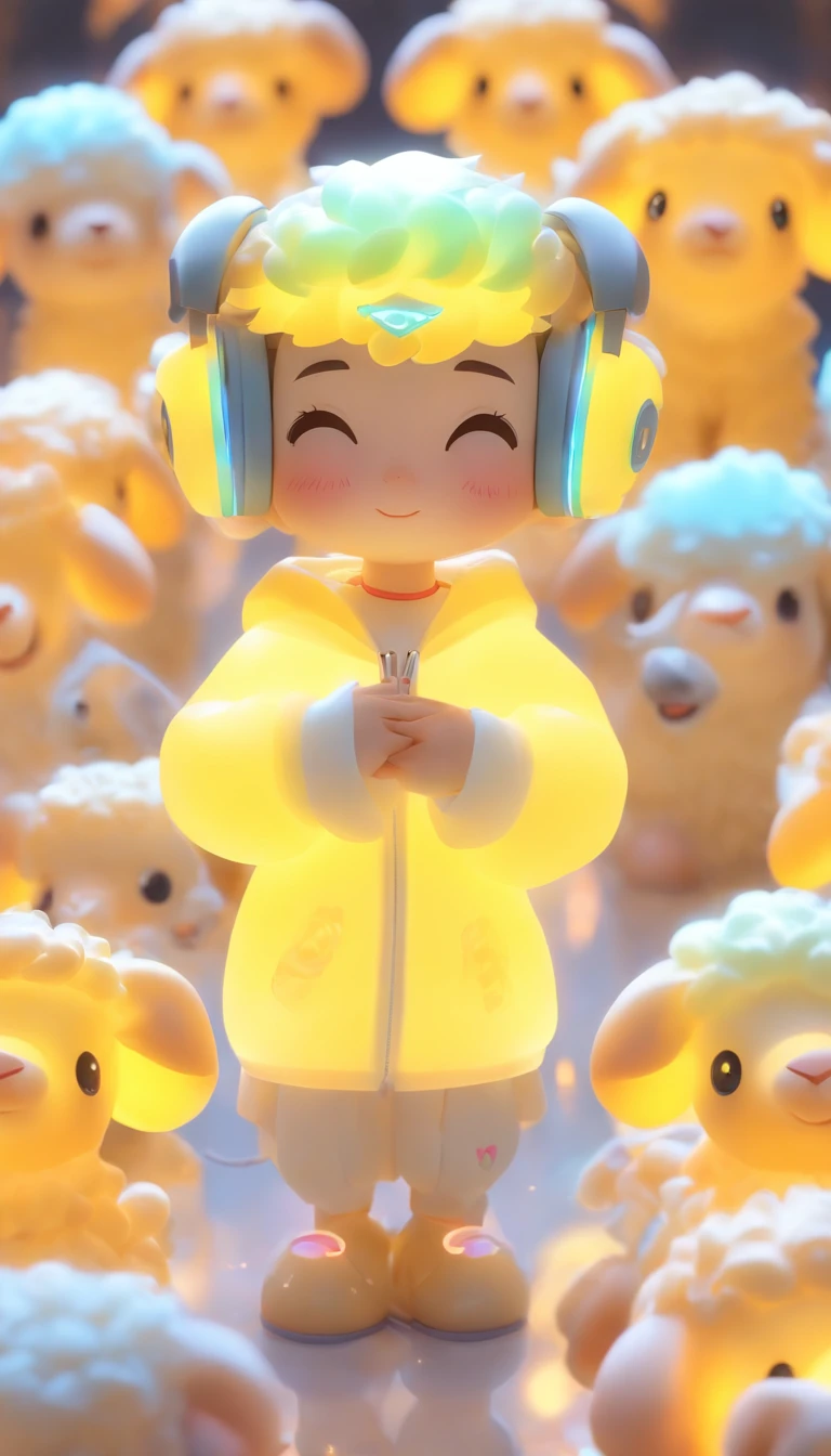 The IP image of the chinese sheep, Wearing headphones,wearing light yellow transparent silicone clothes, is fashionable and trendy,q version,disney style,IP by pop mart, blind box toy, smooth and delicate, 3D rendering, OC rendering, glowing body, soft light, clean background, no borders, 8K, HD, super noise reduction, highest quality, super high quality --ar 9:16 50 --niji 5 --s 2