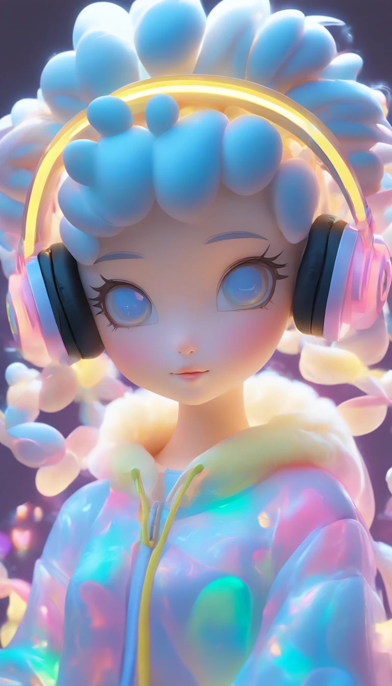 The IP image of the chinese sheep, Wearing headphones,wearing light yellow transparent silicone clothes, is fashionable and trendy,q version,disney style,IP by pop mart, blind box toy, smooth and delicate, 3D rendering, OC rendering, glowing body, soft light, clean background, no borders, 8K, HD, super noise reduction, highest quality, super high quality --ar 9:16 50 --niji 5 --s 2