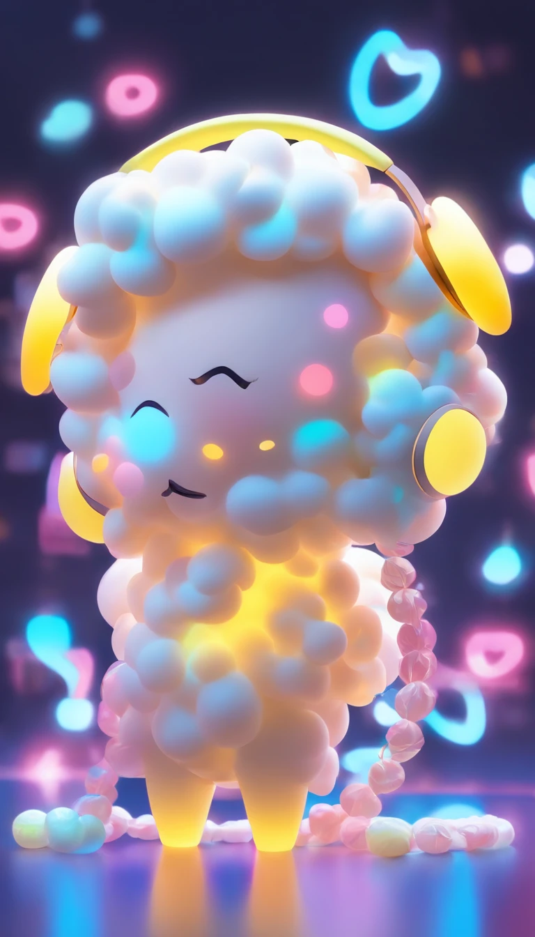 The IP image of the chinese sheep, Wearing headphones,wearing light yellow transparent silicone clothes, is fashionable and trendy,q version,disney style,IP by pop mart, blind box toy, smooth and delicate, 3D rendering, OC rendering, glowing body, soft light, clean background, no borders, 8K, HD, super noise reduction, highest quality, super high quality --ar 9:16 50 --niji 5 --s 2