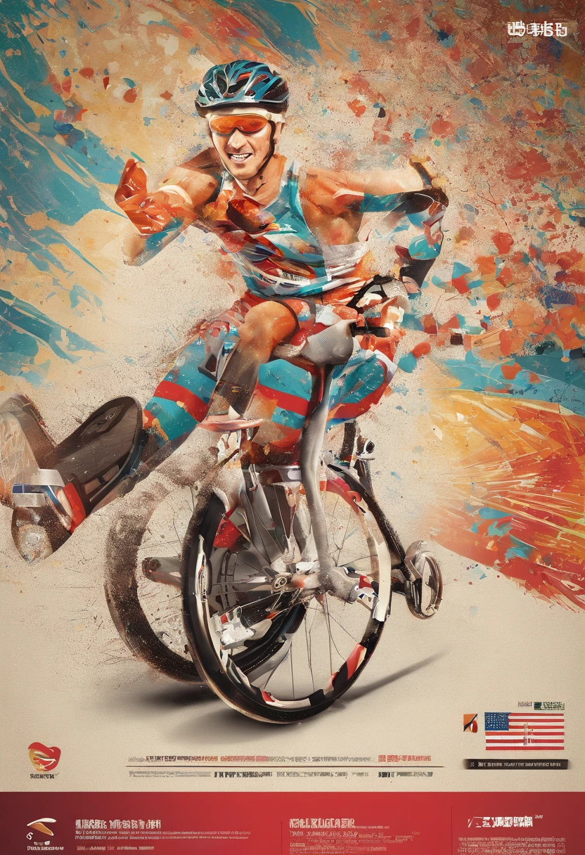 Company poster design，The theme is disability sports，dream，wingspan，Sports equipment，illustration，Vibrant colors，Sports equipment，positive energy，Break through the predicament，Paralympic Games，love