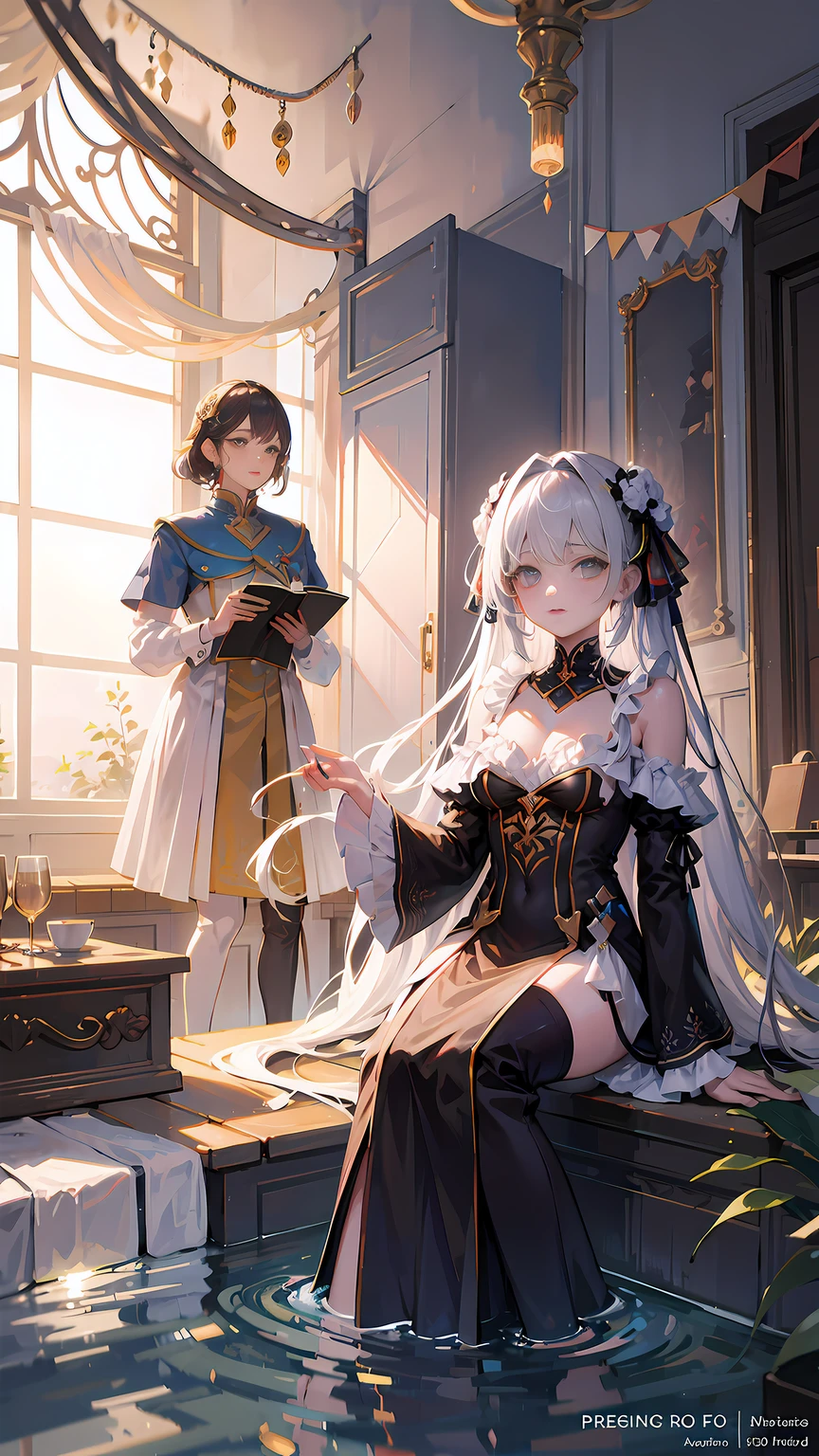 （（absurderes，tmasterpiece）） oases， illustratio， Dream， Surreal background， afloat， Long, Flowing hair， kosmos， Alternate dimensions， godliness， mito， a paradise， Luxurious clothing， long  skirt， The viewing angle is ultra-high resolution