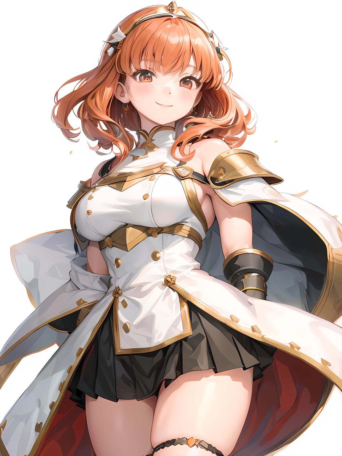 anime girl in a white and black outfit with a cape, armor girl, arms behind back, bare shoulders, large breasts, orange hair, mikro bikini, smile, short hair, thick thighs