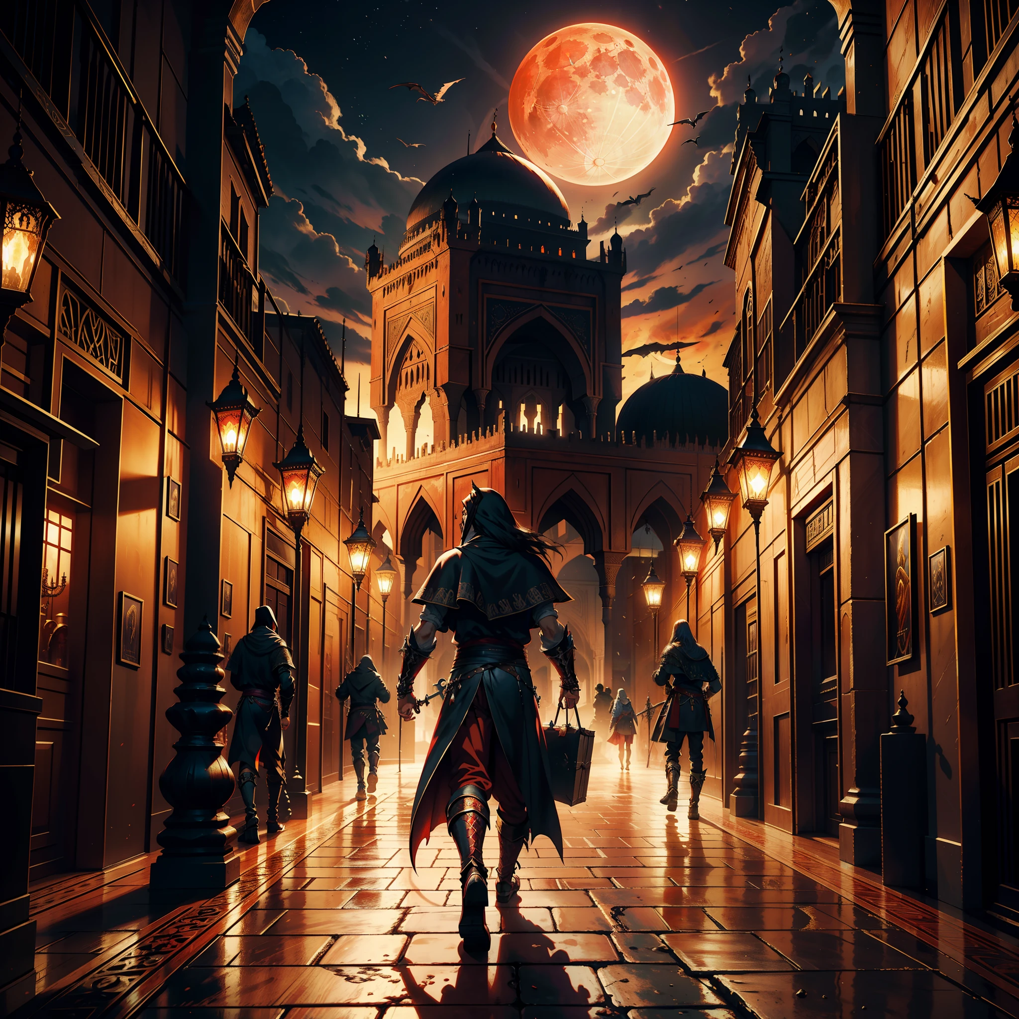 Castlevania Lord of the shadows hyper realistic super detailed Big red moon behind demons scenes epic movie legendary moroccan city moroccan islamic architecture moroccan souk moroccan carrying moroccan medieval moroccan carrying merchandise large moroccan environment islamic hyper realistic super detailed 3d view