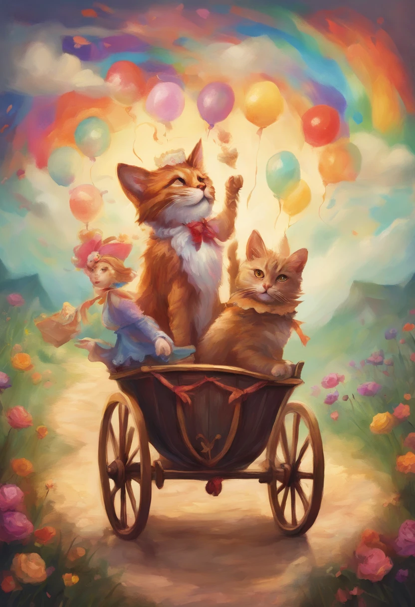 painting of a cart with a dog and a cat in it, curiosities carnival, blurred and dreamy illustration, blurry and dreamy illustration, nostalgia of a fairytale, witchlight carnival, whimsical art, nostalgia for a fairytale, nostalgia, dreamy, in the white clouds fairyland, whimsical, circus, nostalgic atmosphere, carnival on the background, carnival, artistic illustration