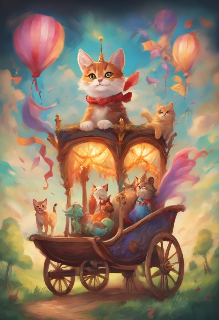 painting of a cart with a dog and a cat in it, curiosities carnival, blurred and dreamy illustration, blurry and dreamy illustration, nostalgia of a fairytale, witchlight carnival, whimsical art, nostalgia for a fairytale, nostalgia, dreamy, in the white clouds fairyland, whimsical, circus, nostalgic atmosphere, carnival on the background, carnival, artistic illustration