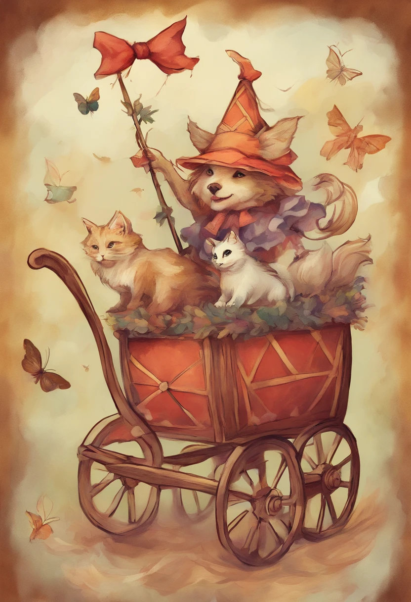 painting of a cart with a dog and a cat in it, curiosities carnival, blurred and dreamy illustration, blurry and dreamy illustration, nostalgia of a fairytale, witchlight carnival, whimsical art, nostalgia for a fairytale, nostalgia, dreamy, in the white clouds fairyland, whimsical, circus, nostalgic atmosphere, carnival on the background, carnival, artistic illustration