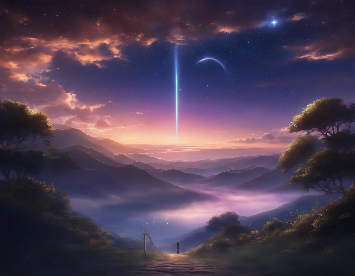 Anime - Escena de estilo de un hermoso cielo con una estrella y un planeta, cosmic skies. por makoto shinkai, fondo de pantalla de arte de anime 4k, fondo de pantalla de arte de anime 4 k, fondo de pantalla de arte de anime 8 k, fondo de pantalla de anime 4k, fondo de pantalla de anime 4k, fondo de pantalla de anime 4k, fondo de pantalla de anime 4k, cielo cielo en el fondo purpura, arte de fondo de anime 4k, fondo de pantalla de anime, fondo de pantalla de anime, fondo de pantalla de anime, planeta del cielo en el fondo, arte de fondo de anime,Purple night starry sky,con el cielo lleno de estrellas,
