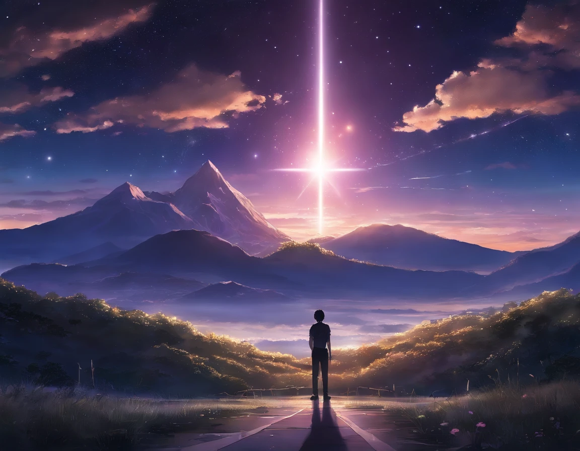 Anime - Escena de estilo de un hermoso cielo con una estrella y un planeta, cosmic skies. por makoto shinkai, fondo de pantalla de arte de anime 4k, fondo de pantalla de arte de anime 4 k, fondo de pantalla de arte de anime 8 k, fondo de pantalla de anime 4k, fondo de pantalla de anime 4k, fondo de pantalla de anime 4k, fondo de pantalla de anime 4k, cielo cielo en el fondo purpura, arte de fondo de anime 4k, fondo de pantalla de anime, fondo de pantalla de anime, fondo de pantalla de anime, planeta del cielo en el fondo, arte de fondo de anime,Purple night starry sky,con el cielo lleno de estrellas,