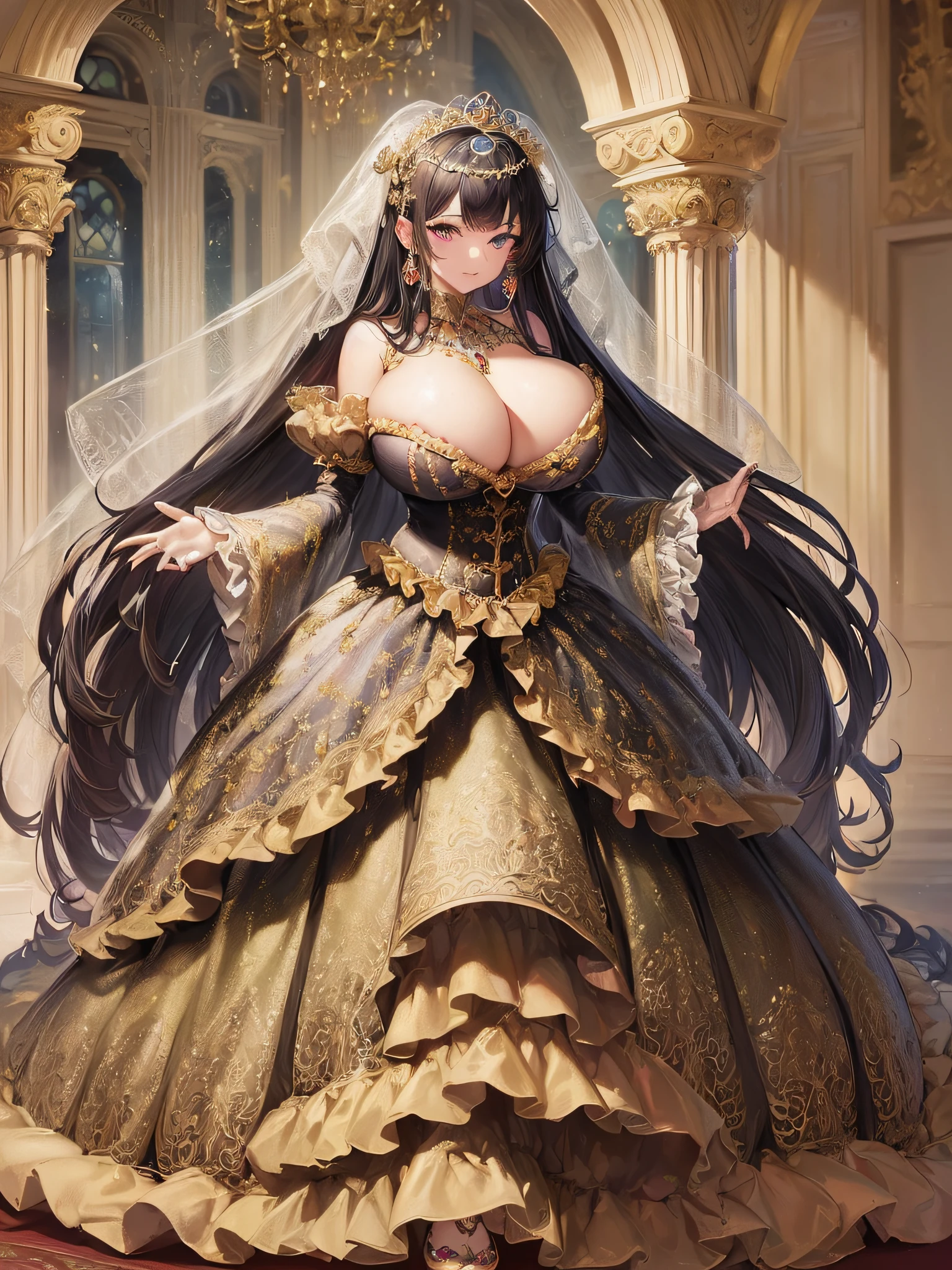 ((anime artstyle)),(Masterpiece),(Best Quality), (Super Detail),(Highly Detailed CG Unity 8k wallpaper),((Very Delicate and Beautiful)),cinematic lighting,1 girl,((full body portrait)),((standing in garden)),((solo)),(((1 fairytale princess in gorgeous embroidery and jeweled extremely gorgeous rococo princess ballgown with voluminous full length hoop skirt))),an hourglass waist,padded and corseted bodice,(((huge crinoline hoopskirt))),long train,((gorgeous embroidery and jeweled)),voluminous frills,See-through,(((extremely gigantic tits,skindentation))),cleavage,((absurdly Long Straight Hair,extremely voluminous Straight long Hair,absurdly Long Straight Hair)),(finely detailed face and eyes),(Blush,Smile),clear pupil,extremely gorgeousfull hair ornament,(bling-bling jeweled extremely gorgeousfull tiara),((bling-bling gorgeous gemstone jewelry)),gorgeous long veil,((ultra long gloves)),(beautiful background),(full body),((gorgeous embroidery and jeweled extremely gorgeous rococo princess ballgown with voluminous full length hoop skirt))